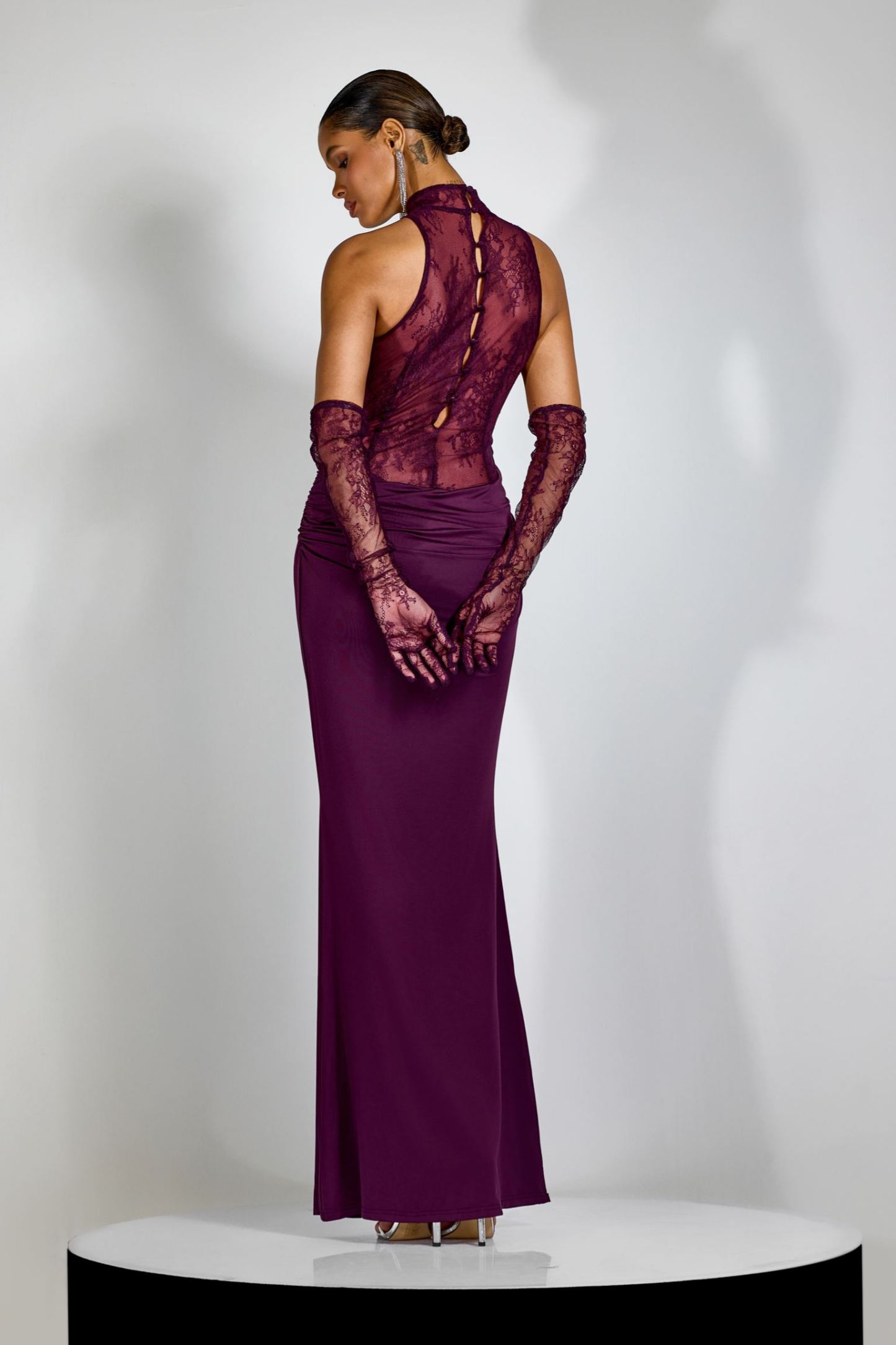 Evelyn Plunging Cowl Lace Bodice Maxi Dress