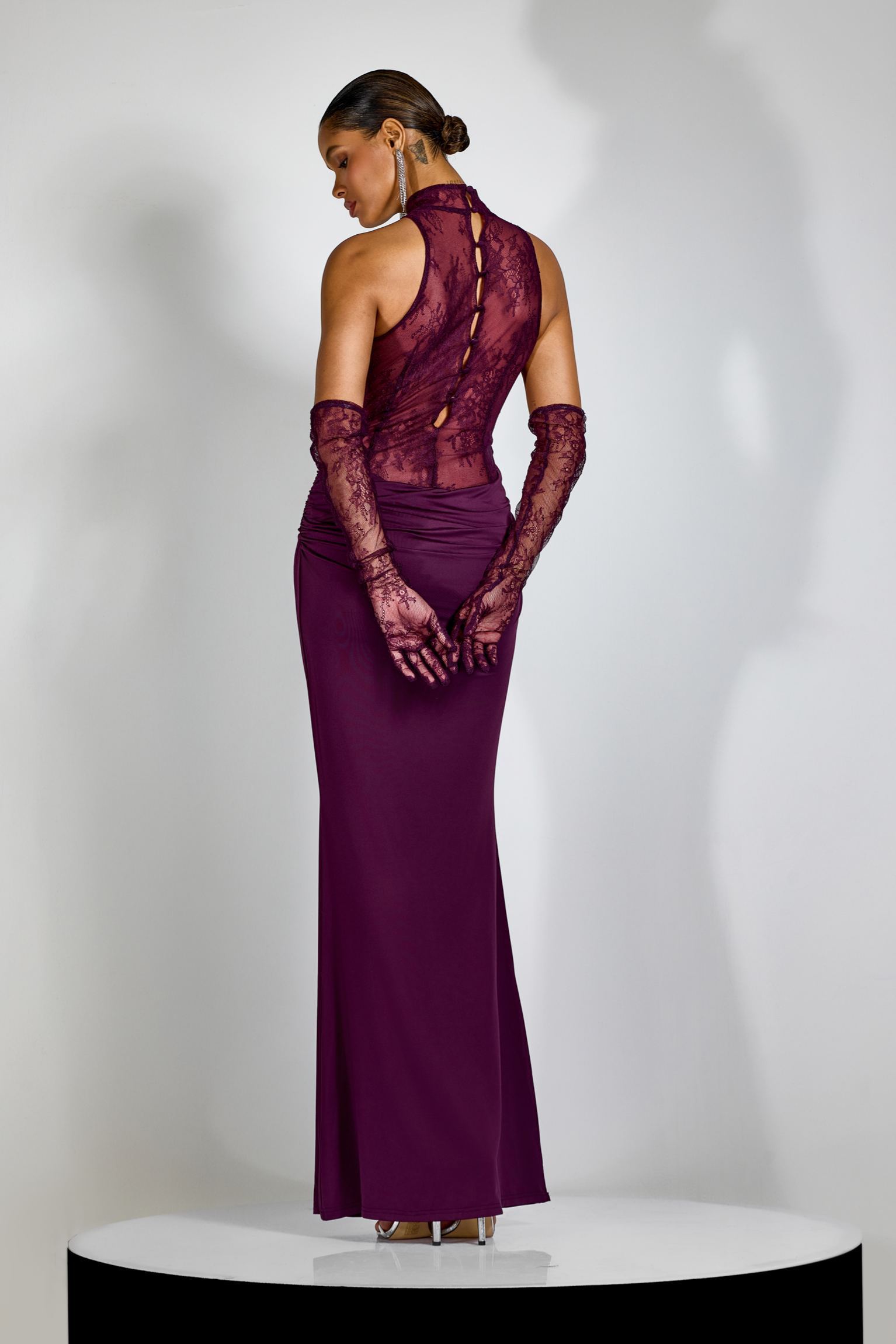 Evelyn Plunging Cowl Lace Bodice Maxi Dress