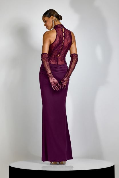 Evelyn Plunging Cowl Lace Bodice Maxi Dress