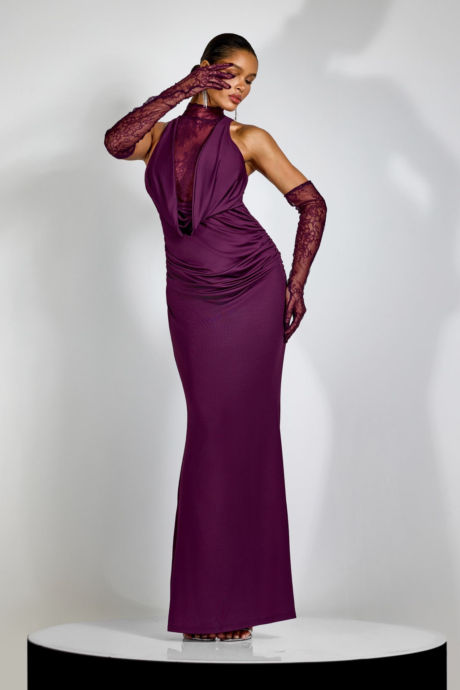 Evelyn Plunging Cowl Lace Bodice Maxi Dress