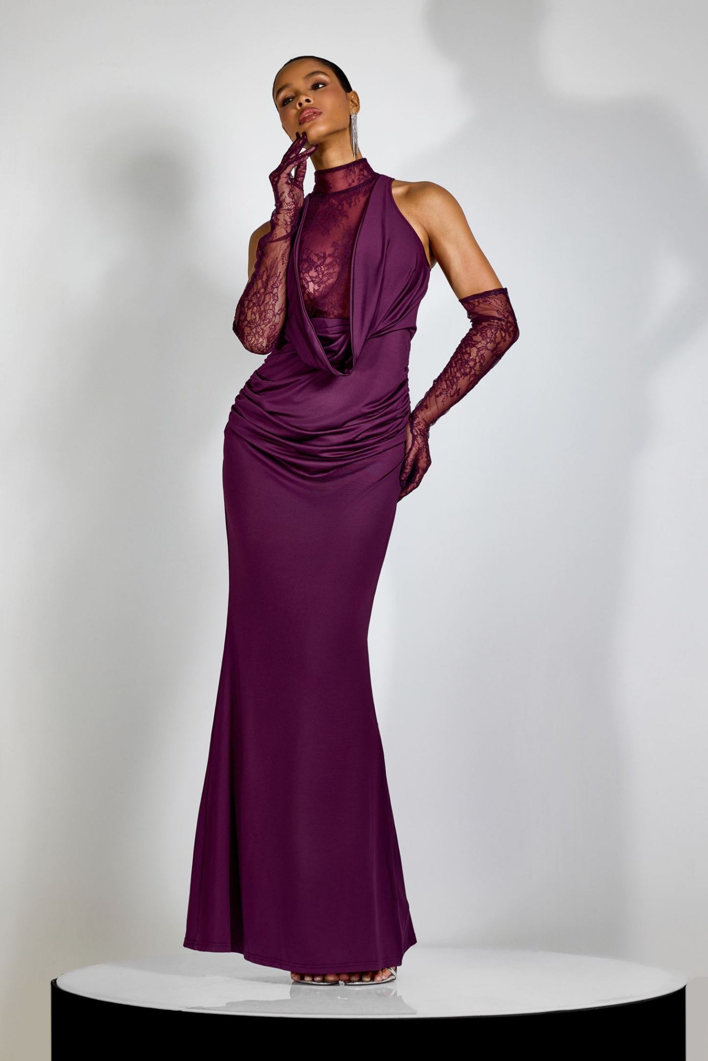 Evelyn Plunging Cowl Lace Bodice Maxi Dress