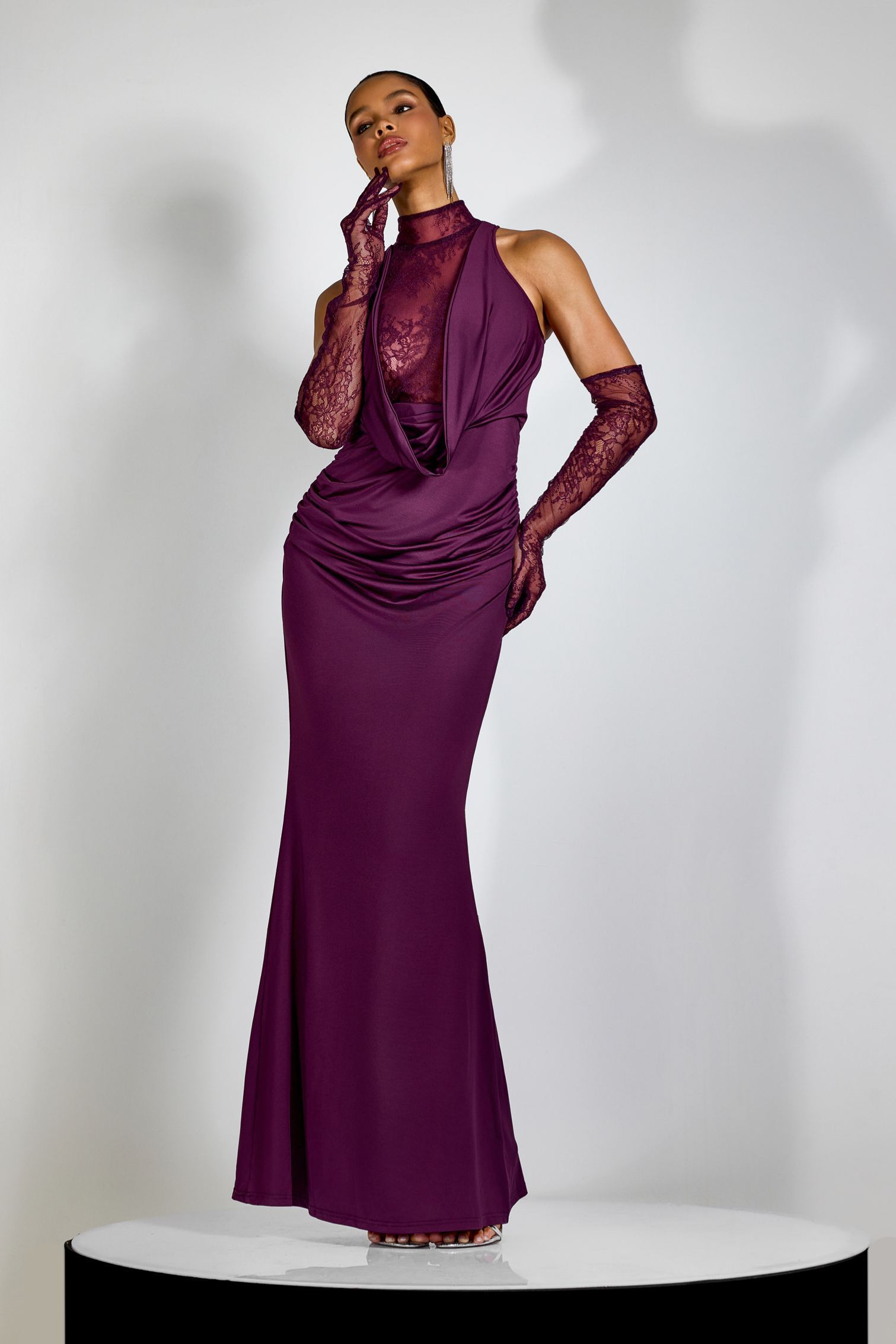 Evelyn Plunging Cowl Lace Bodice Maxi Dress