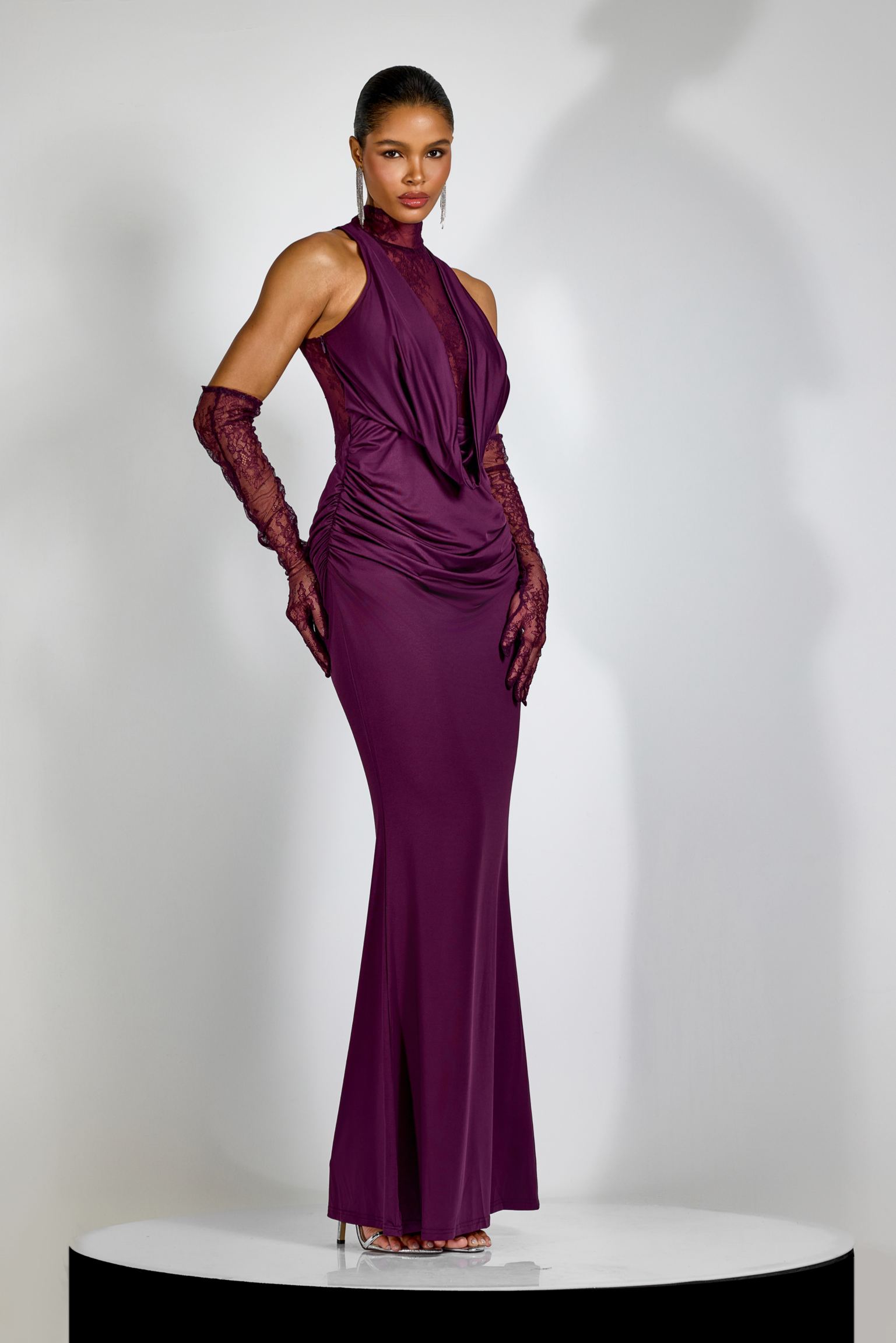 Evelyn Plunging Cowl Lace Bodice Maxi Dress