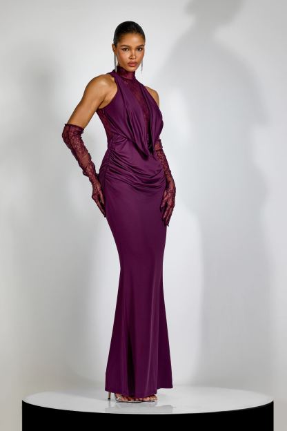 Evelyn Plunging Cowl Lace Bodice Maxi Dress