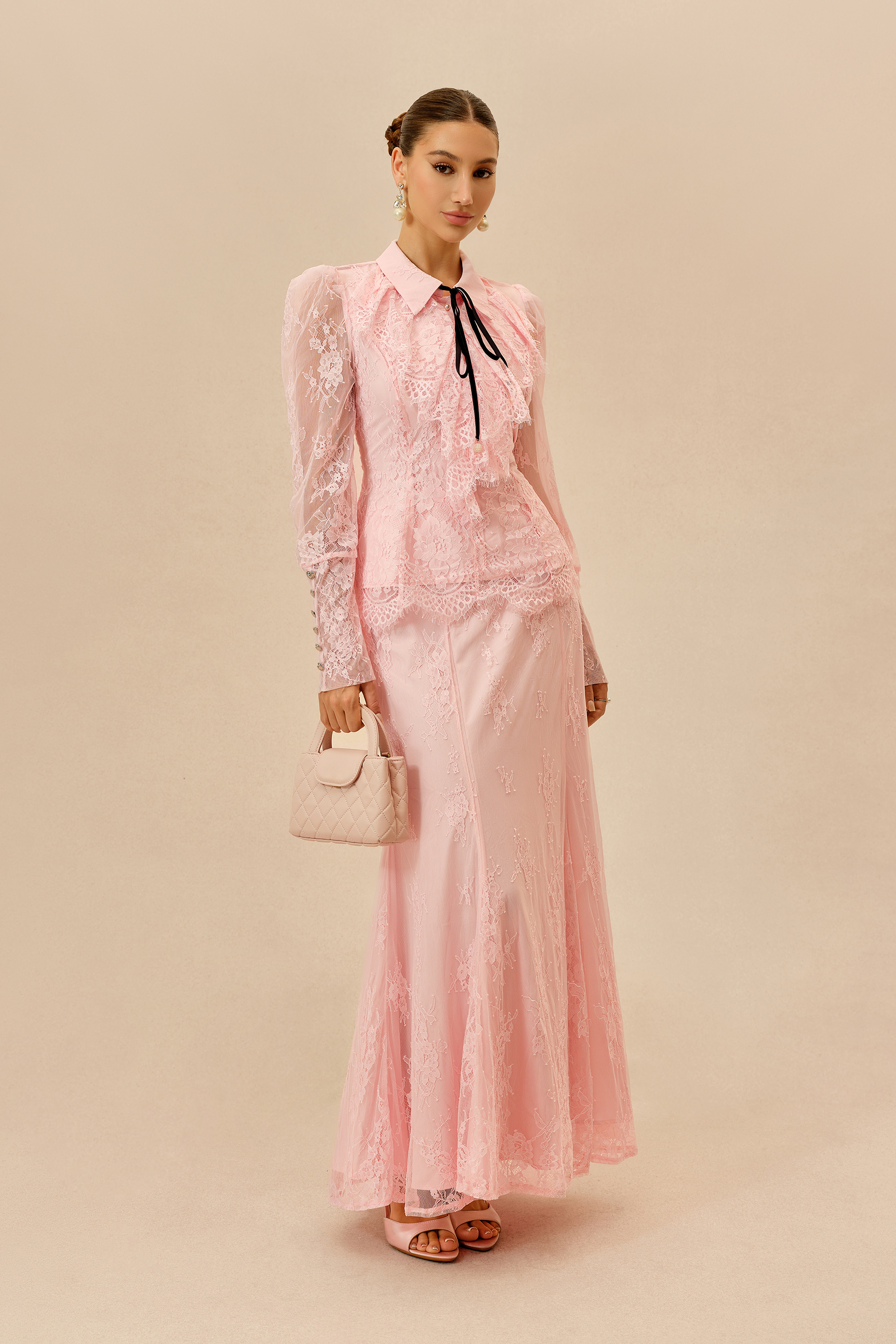 Romantic Essence Pink Shirt Collar Lace Top & Skirt Set
