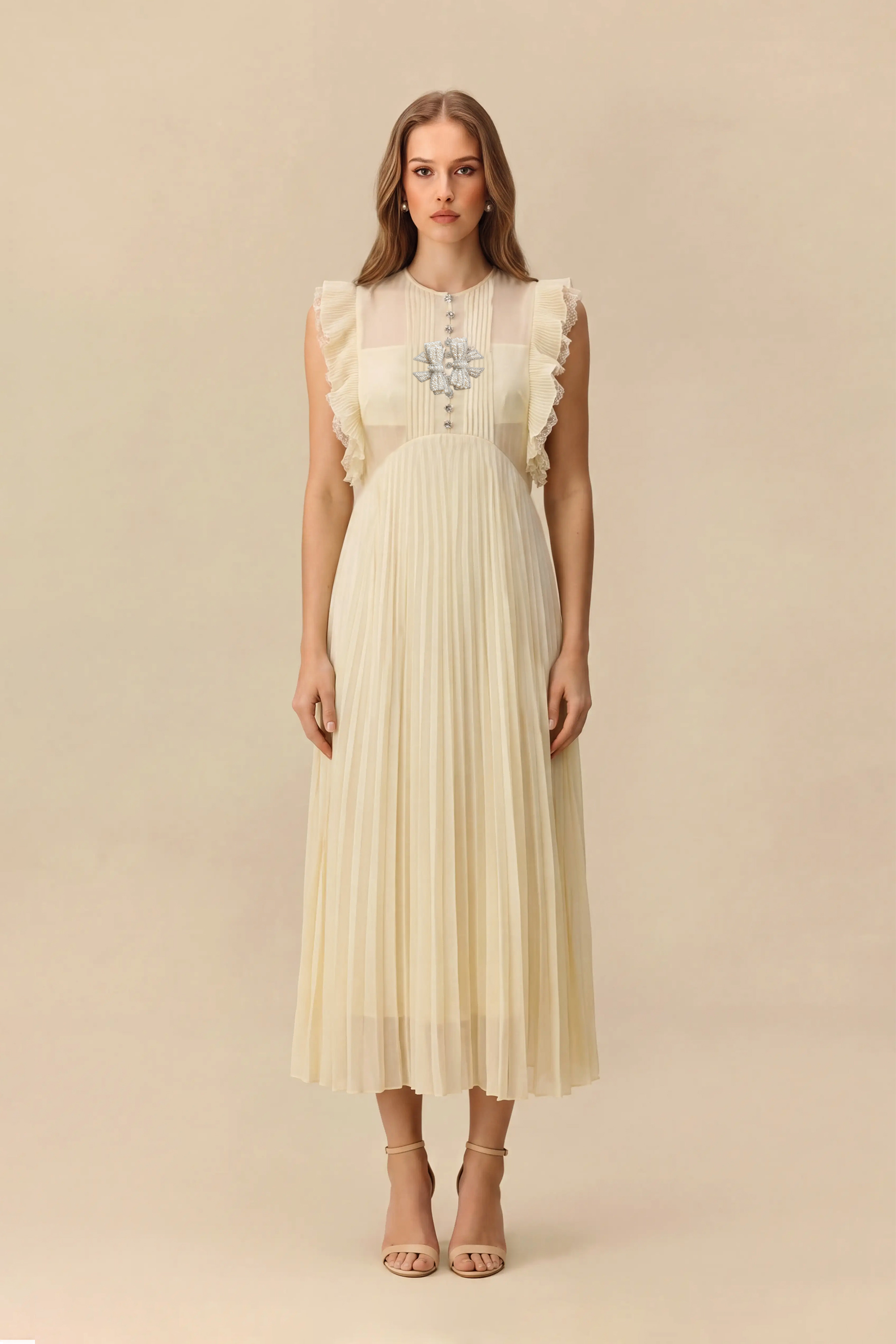 Elegance Found Butter Yellow Rhinestone Bow Pleated Maxi Dress