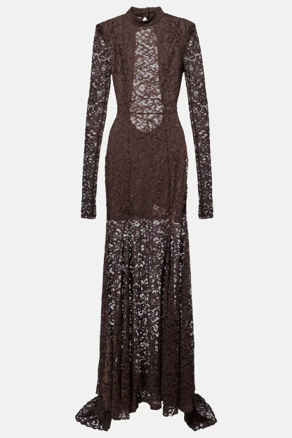Appetite for Seduction Brown Sheer Lace Open Back Maxi Dress