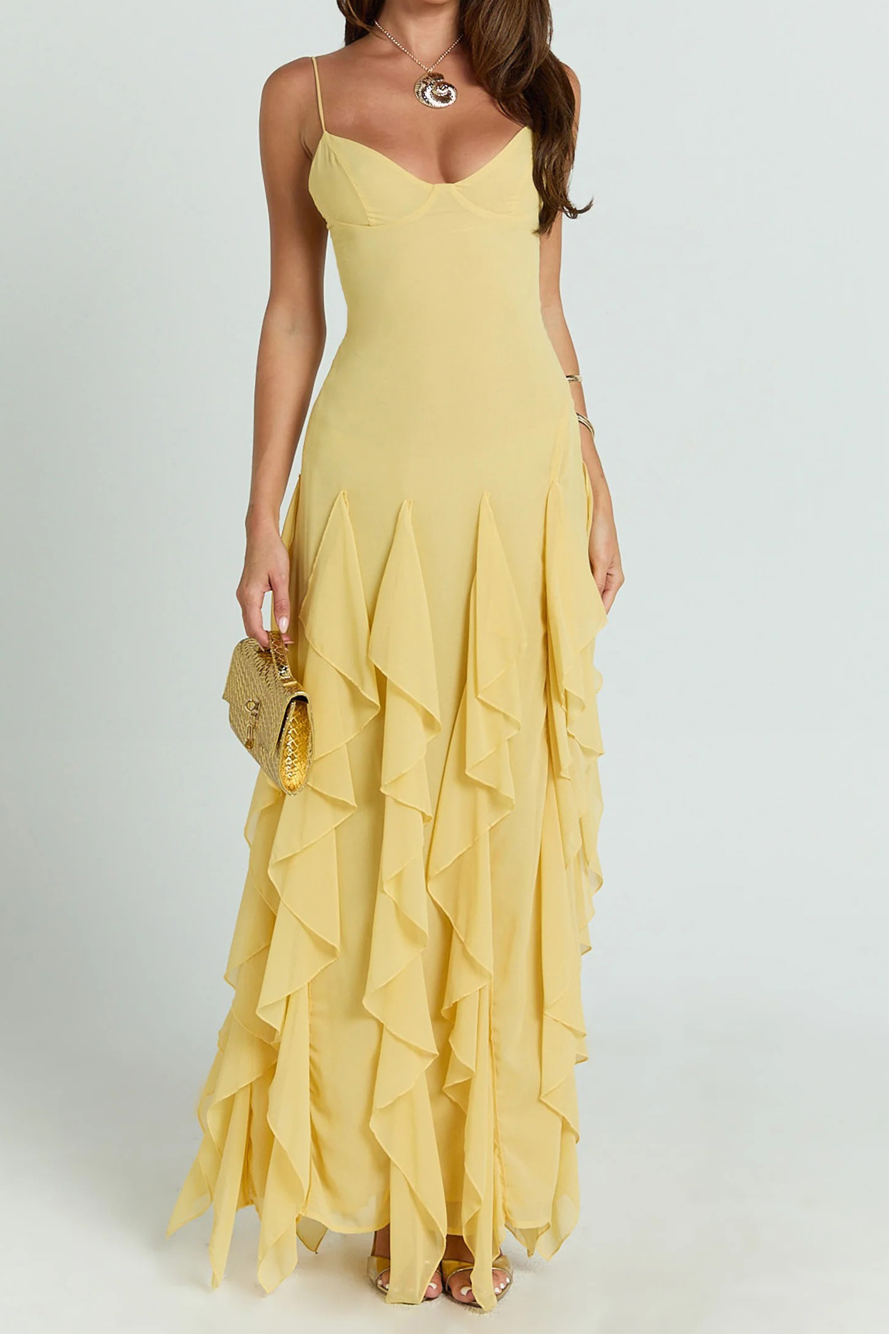 Charming Dedication Yellow V-Neck Layered Ruffle Maxi Dress