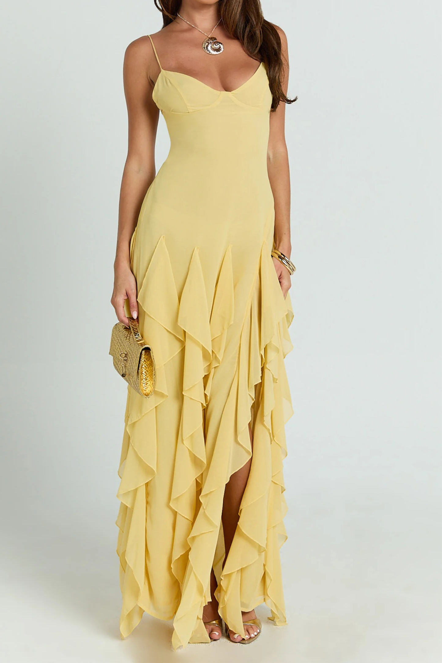 Charming Dedication Yellow V-Neck Layered Ruffle Maxi Dress