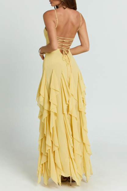 Charming Dedication Yellow V-Neck Layered Ruffle Maxi Dress