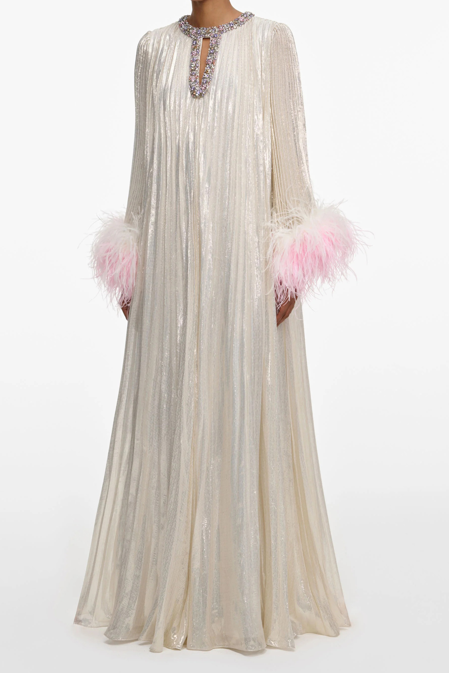 Let There Be Romance Pink Feather Cuff Pleated Maxi Dress