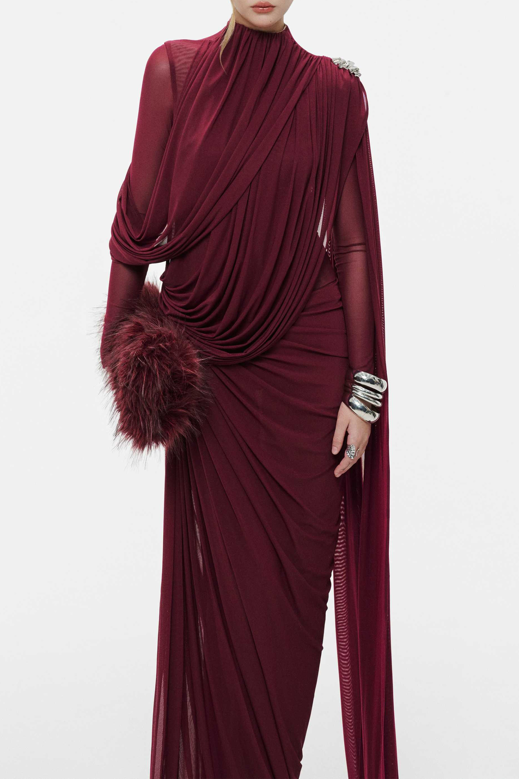 Gala Ready Burgundy Asymmetric Draped Cape Maxi Dress