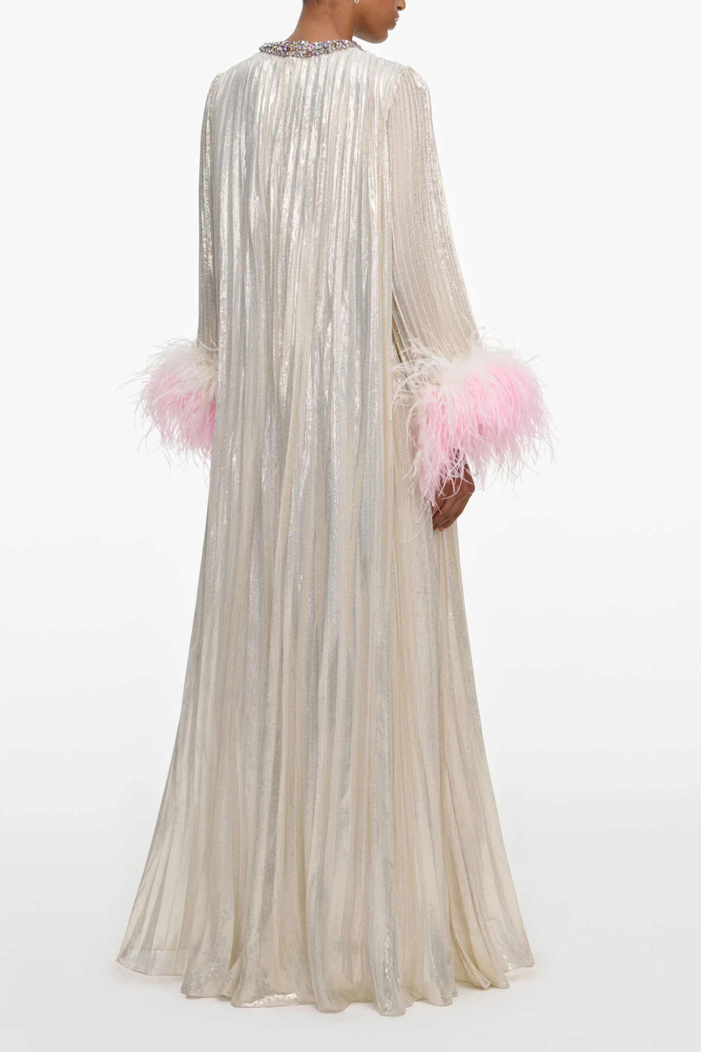 Let There Be Romance Pink Feather Cuff Pleated Maxi Dress