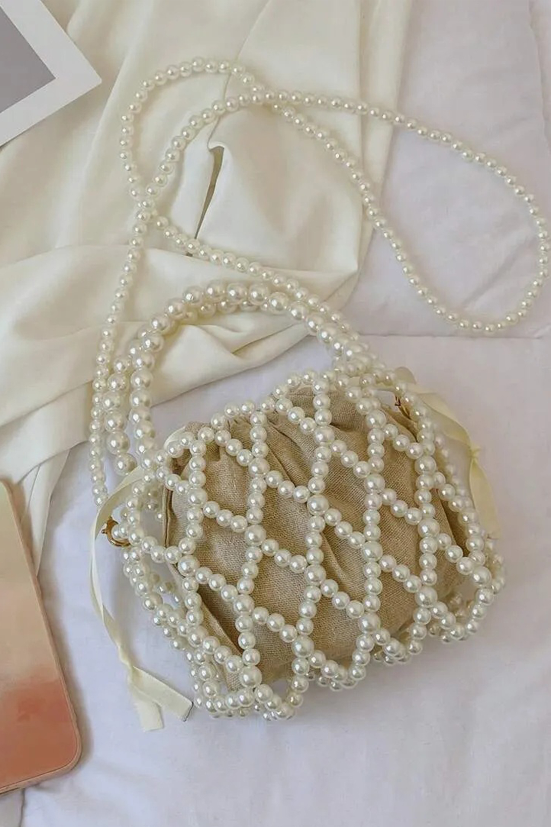 Pearl Beaded Drawstring Handbag