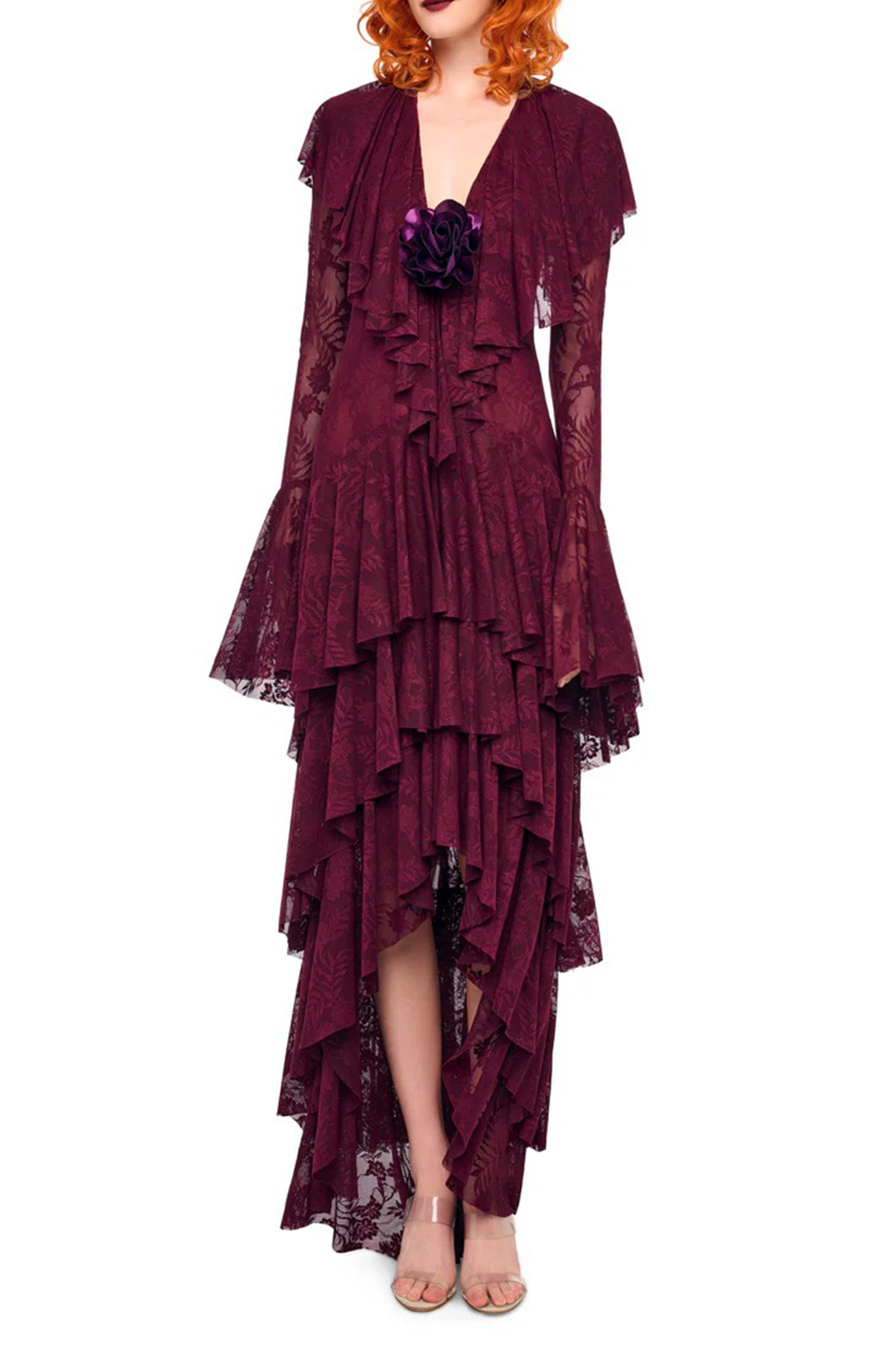 Night Style Burgundy V-Neck Tiered Ruffle Lace Maxi Dress