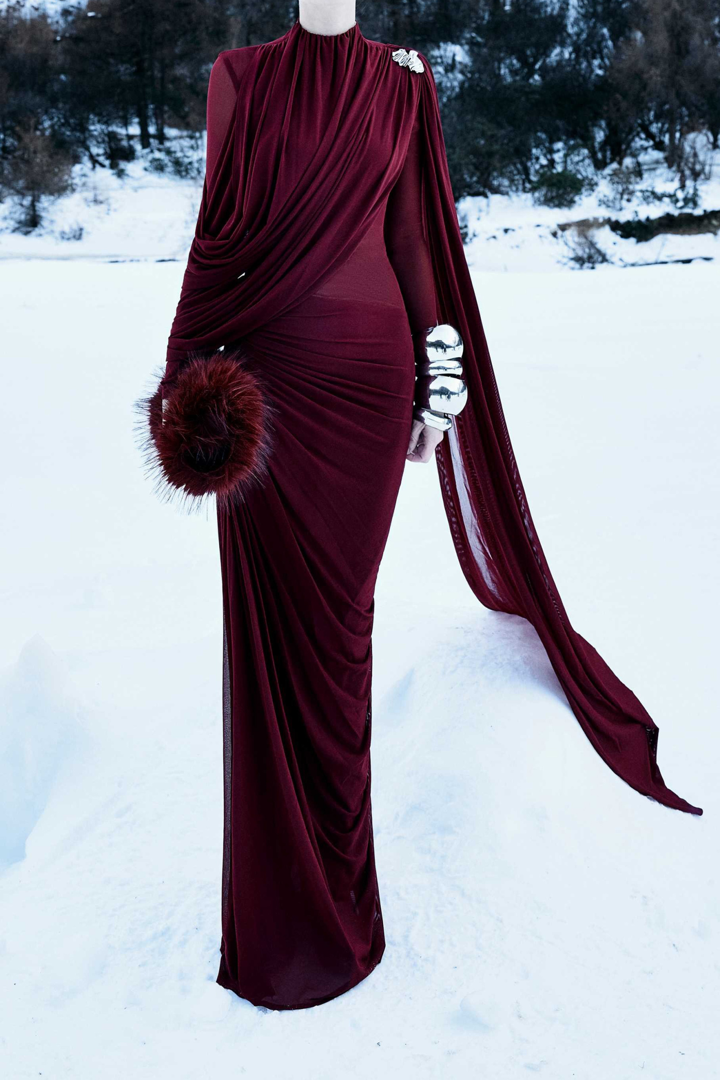 Gala Ready Burgundy Asymmetric Draped Cape Maxi Dress
