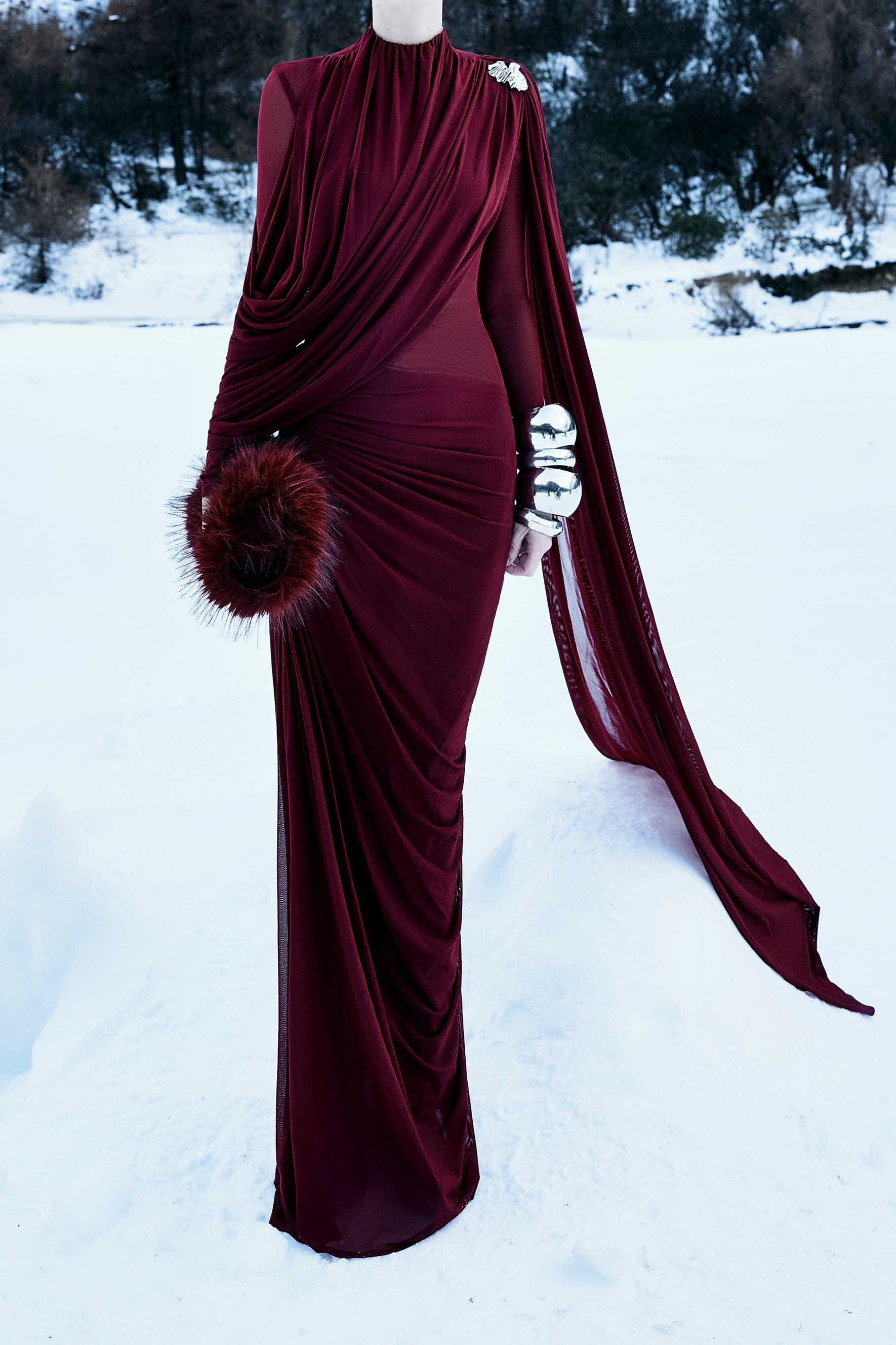Gala Ready Burgundy Asymmetric Draped Cape Maxi Dress