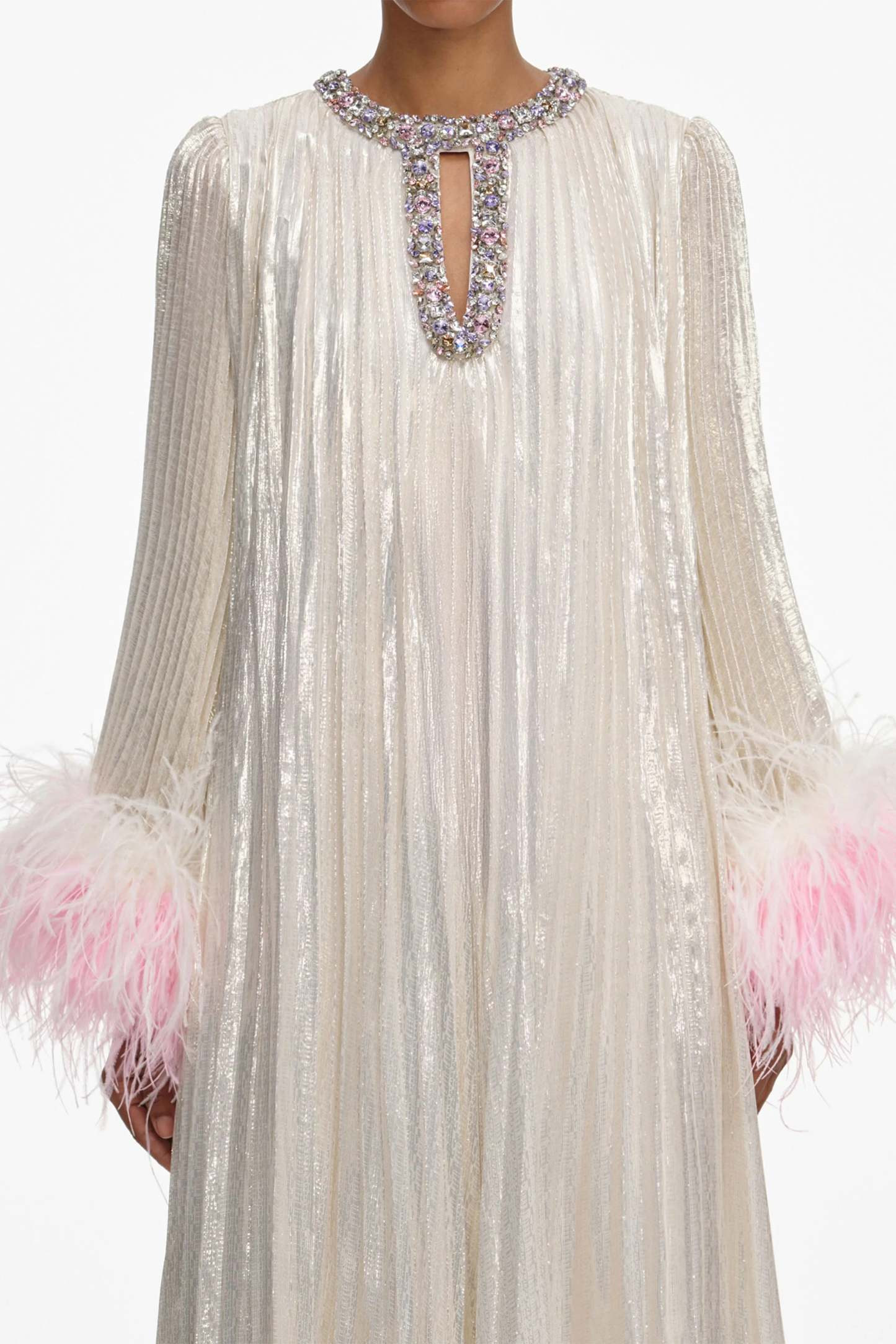 Let There Be Romance Pink Feather Cuff Pleated Maxi Dress