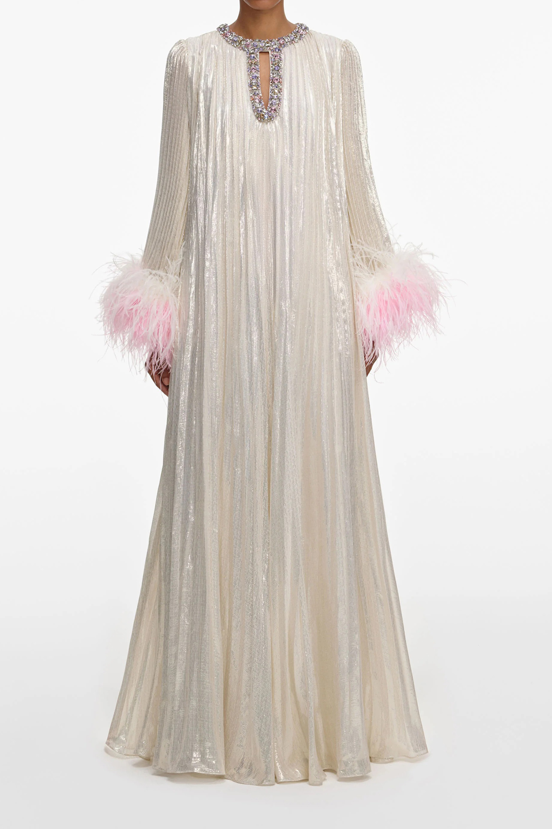 Let There Be Romance Pink Feather Cuff Pleated Maxi Dress