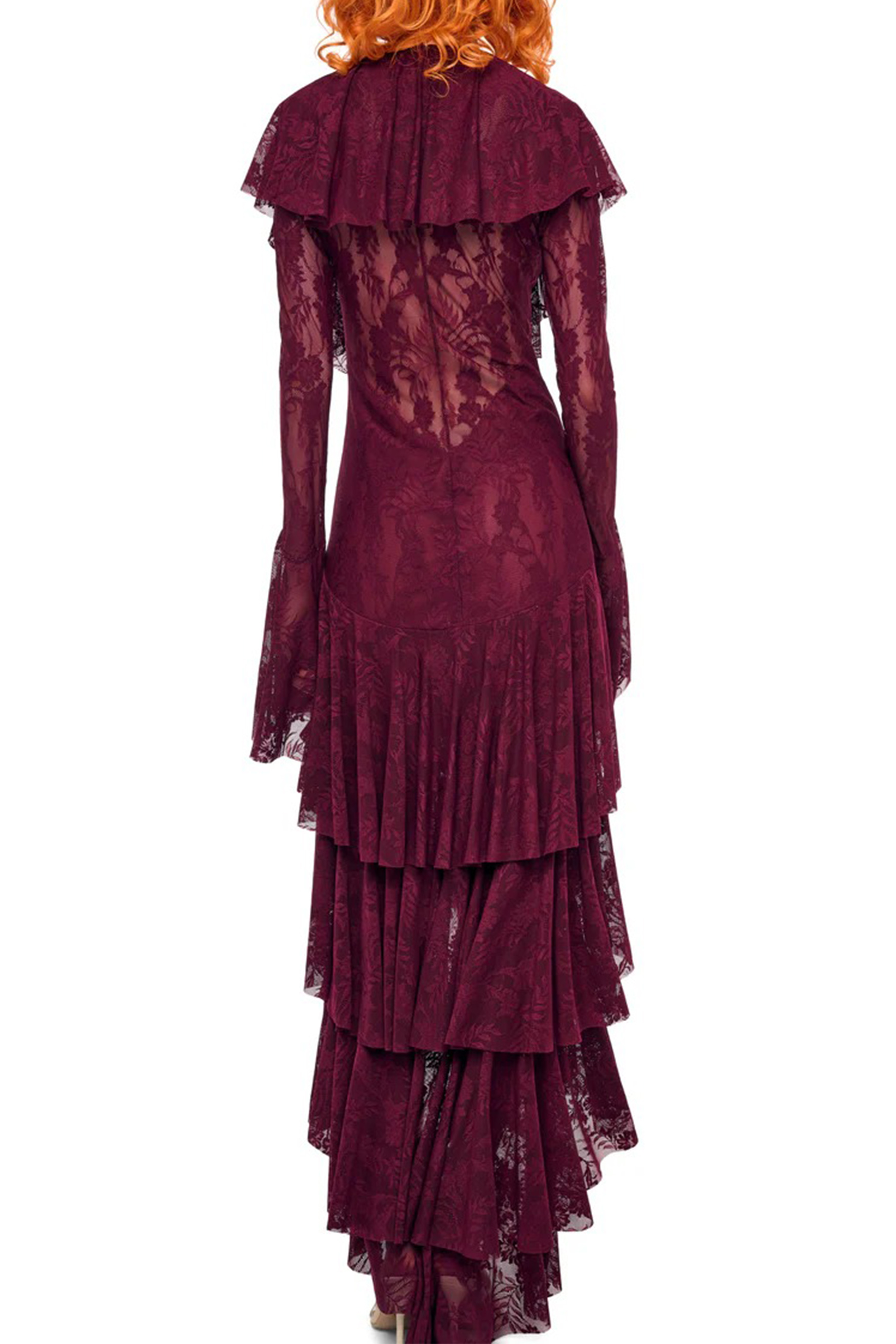 Night Style Burgundy V-Neck Tiered Ruffle Lace Maxi Dress