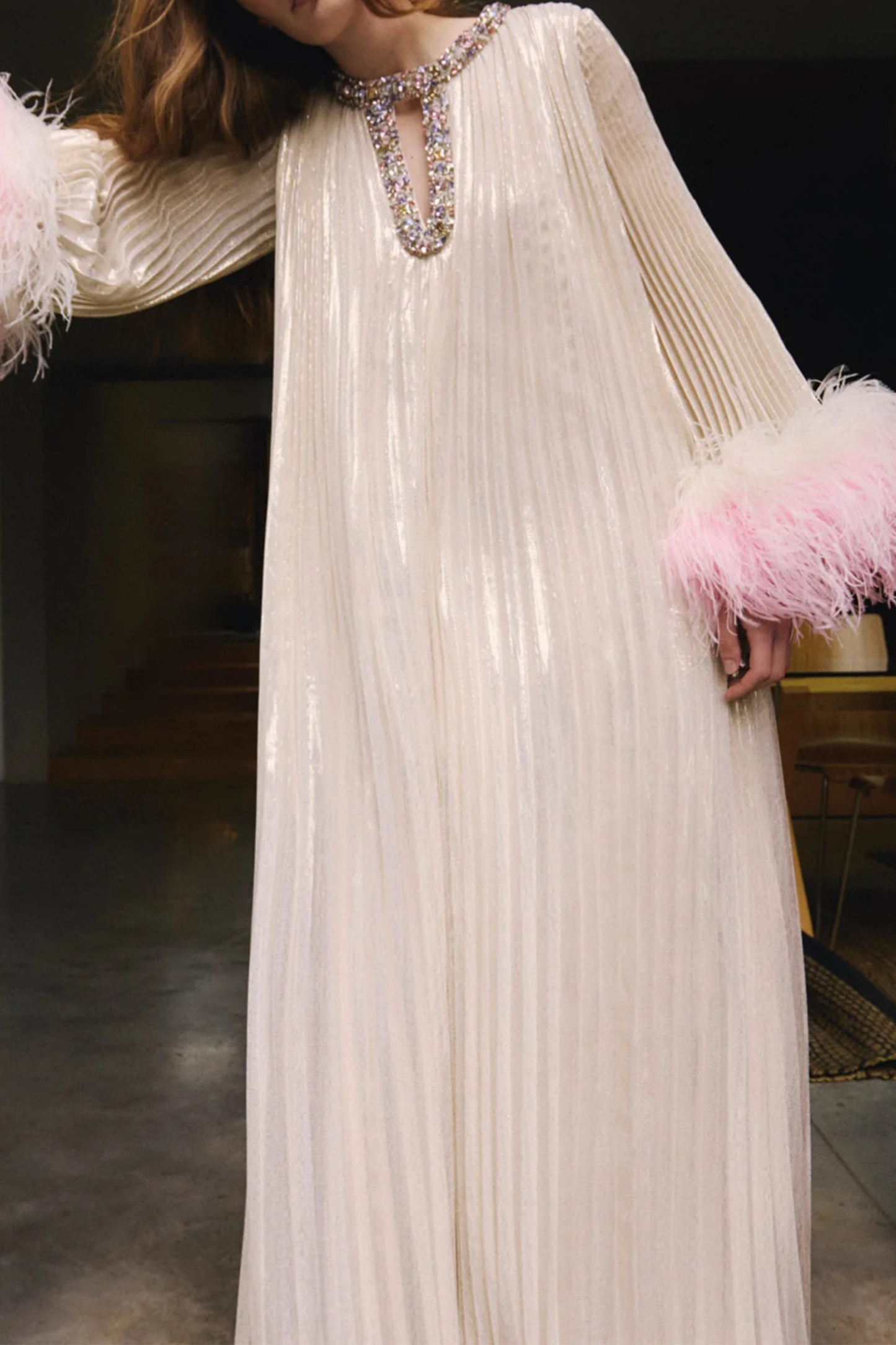 Let There Be Romance Pink Feather Cuff Pleated Maxi Dress