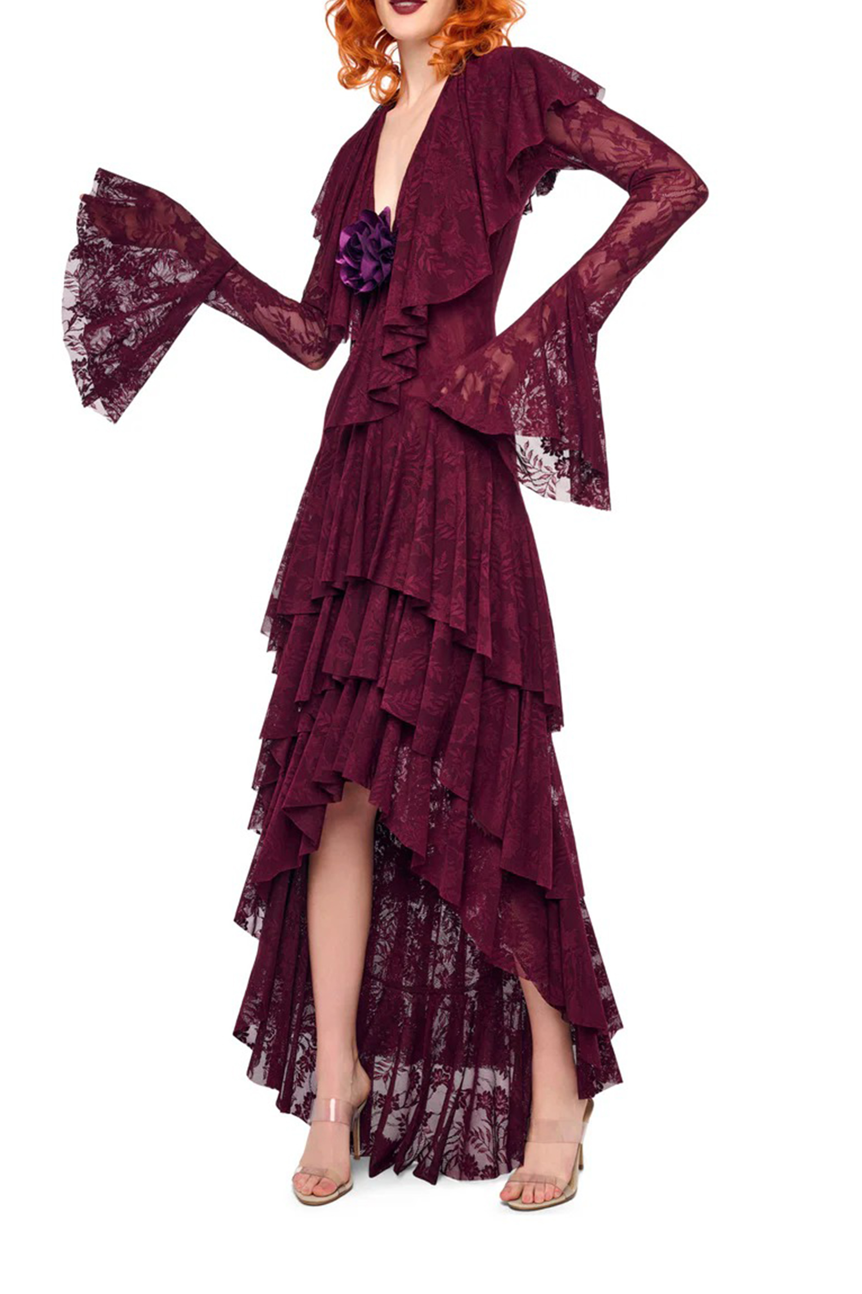 Night Style Burgundy V-Neck Tiered Ruffle Lace Maxi Dress