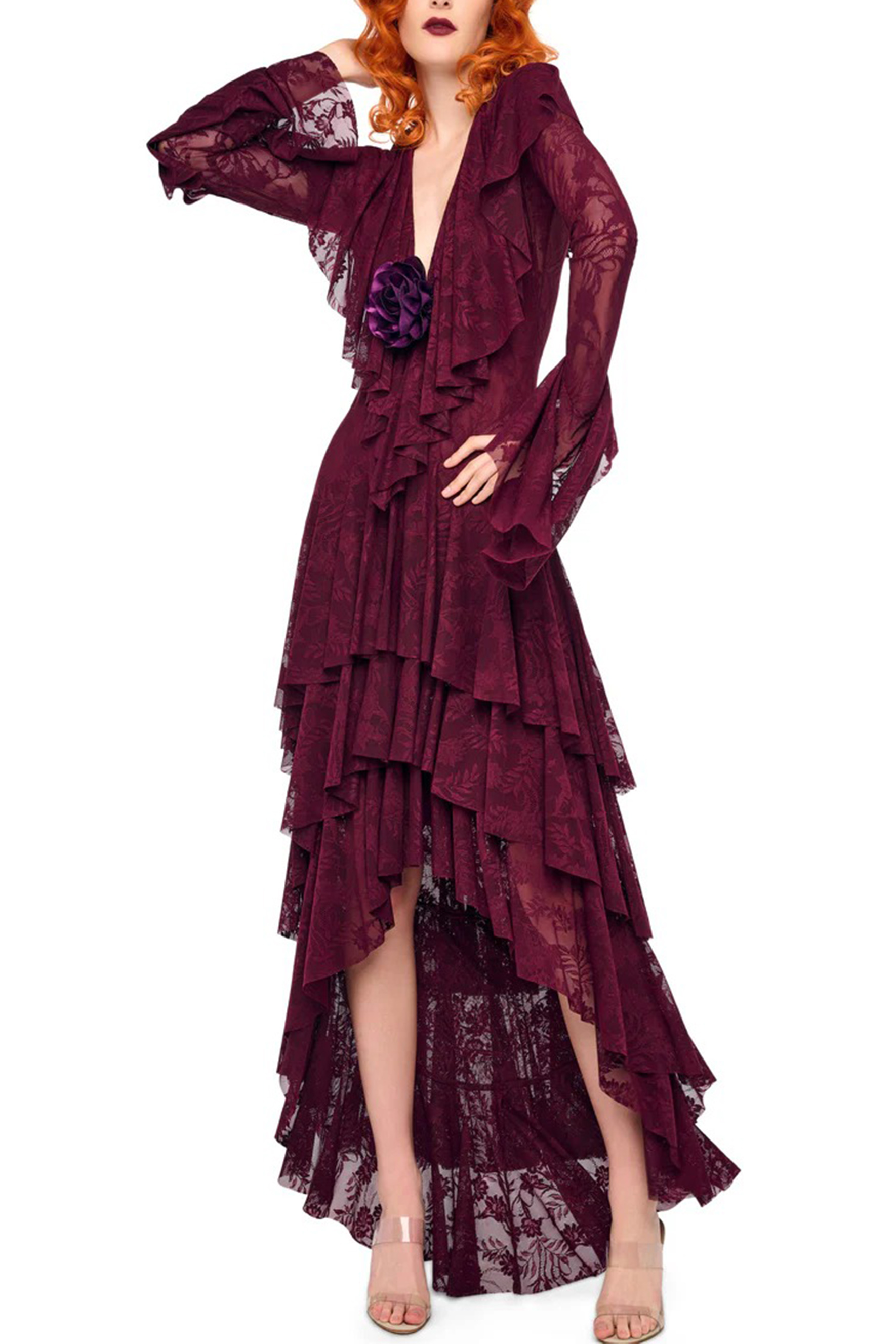 Night Style Burgundy V-Neck Tiered Ruffle Lace Maxi Dress