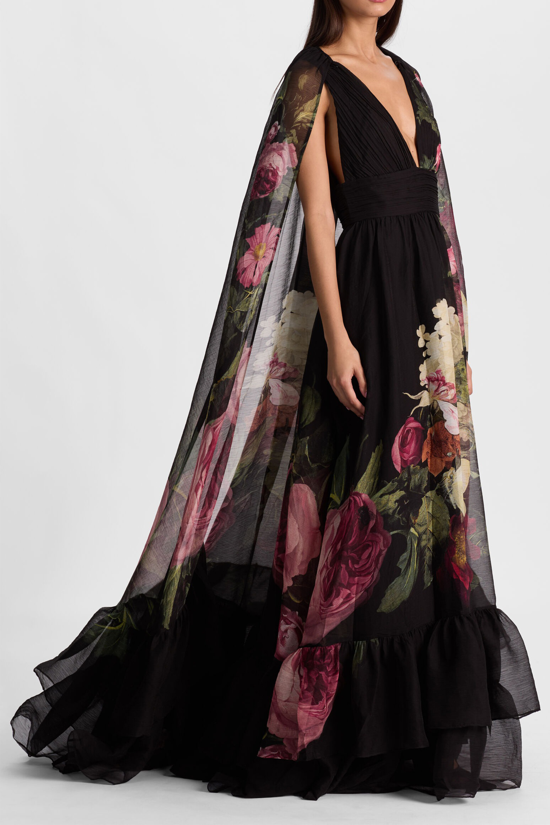 Twilight Bloom Black Floral Print V-Neck Maxi Dress with Detachable Cape