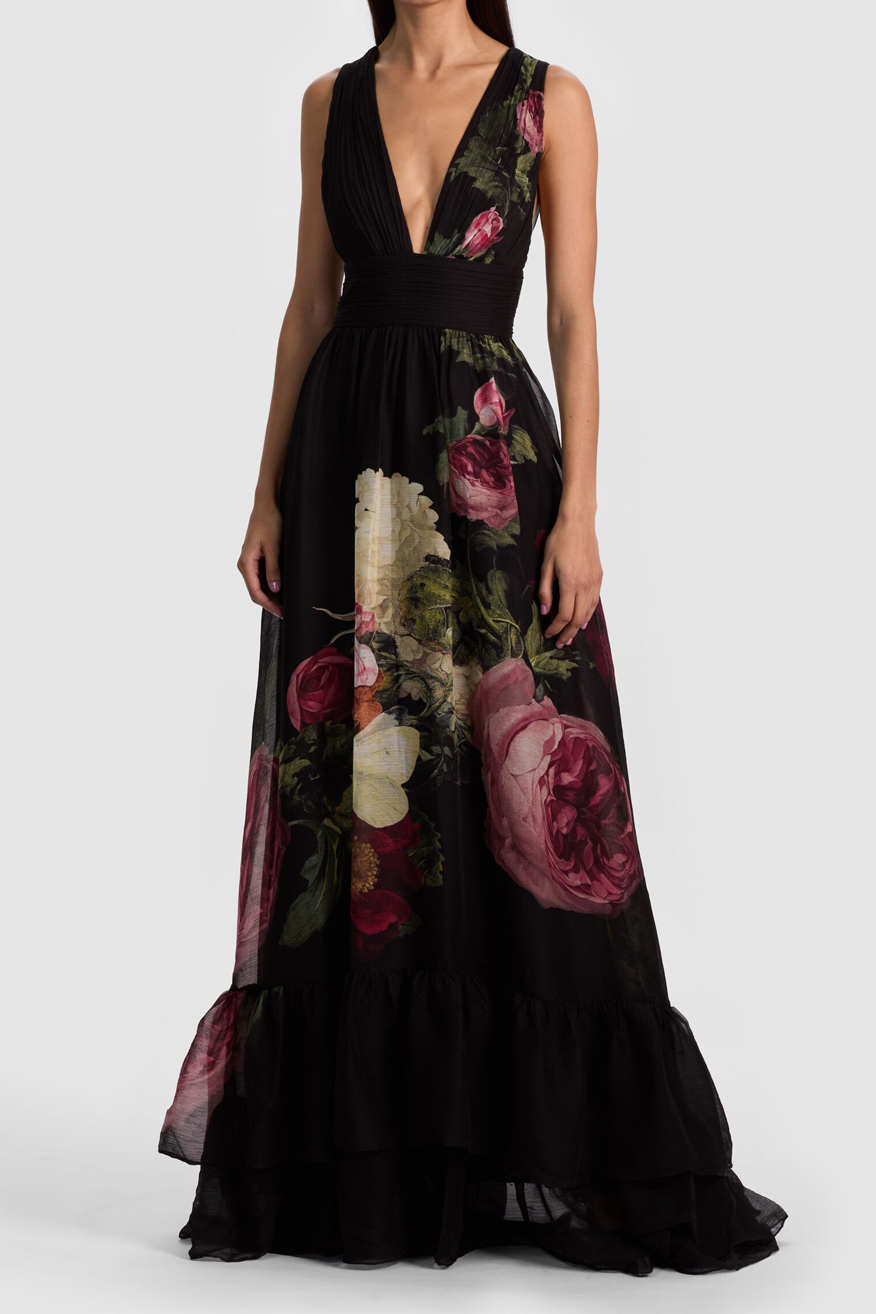 Twilight Bloom Black Floral Print V-Neck Maxi Dress with Detachable Cape