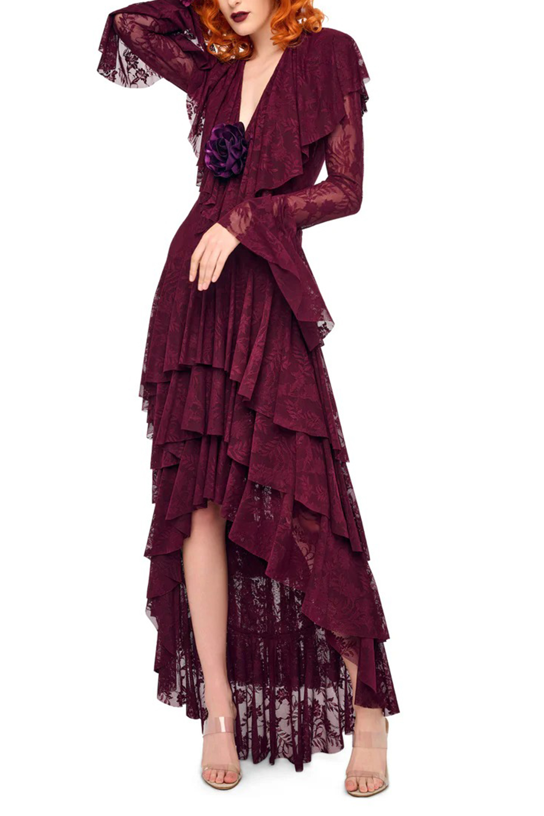 Night Style Burgundy V-Neck Tiered Ruffle Lace Maxi Dress