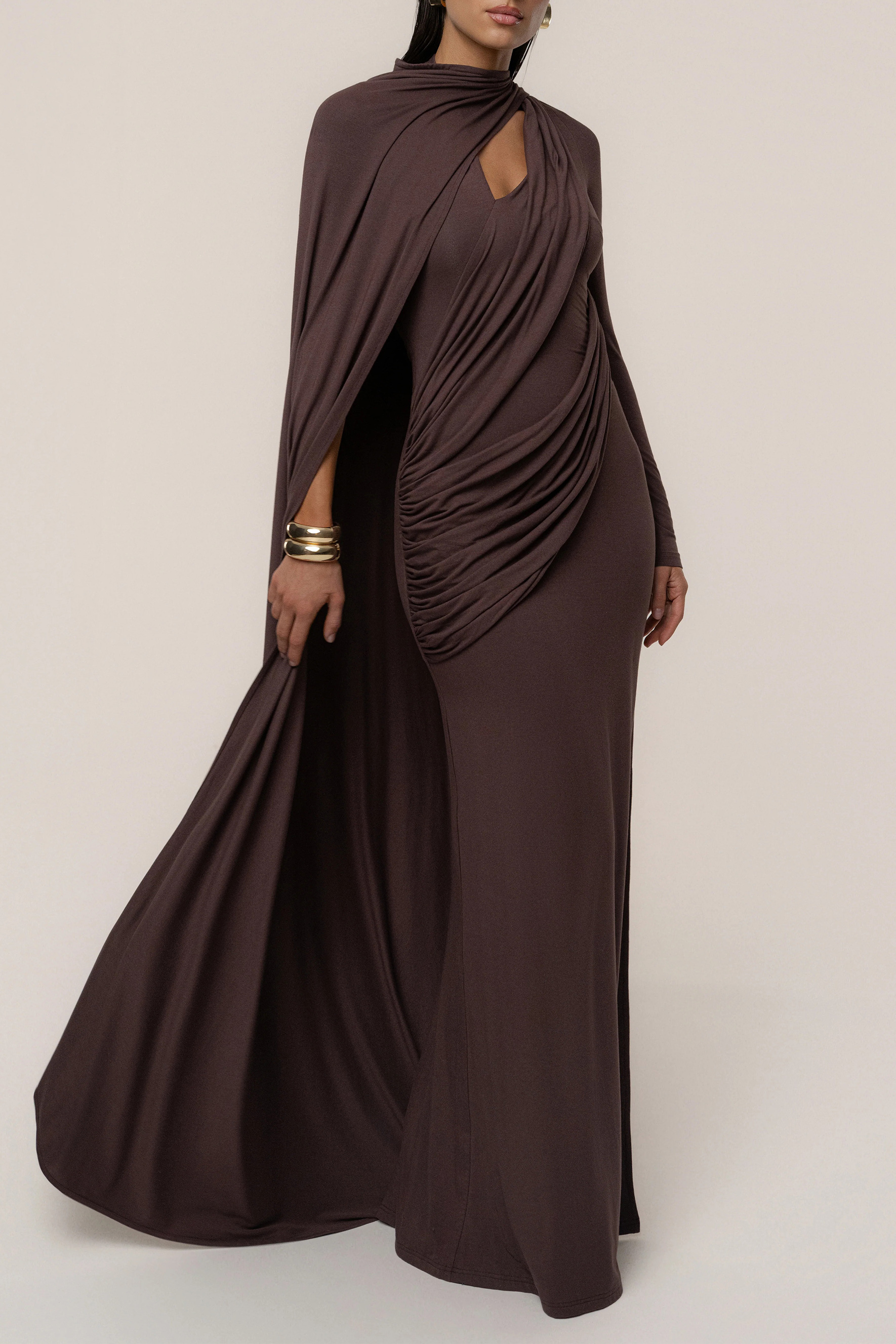 Coveted Confidence Brown Asymmetric Draped Cape Maxi Dress