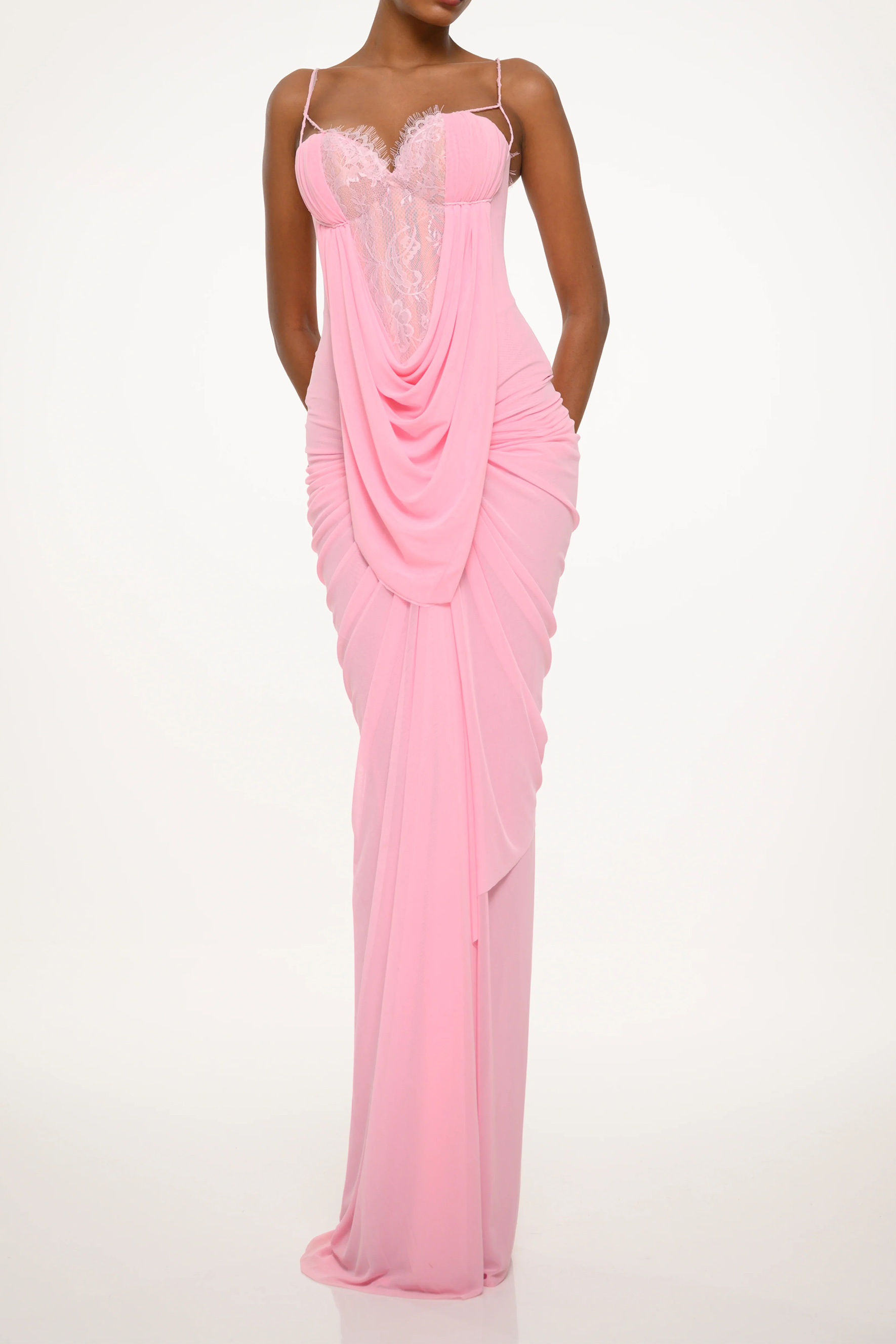 Brilliant Belle Pink Cowl Front Lace Corset Maxi Dress