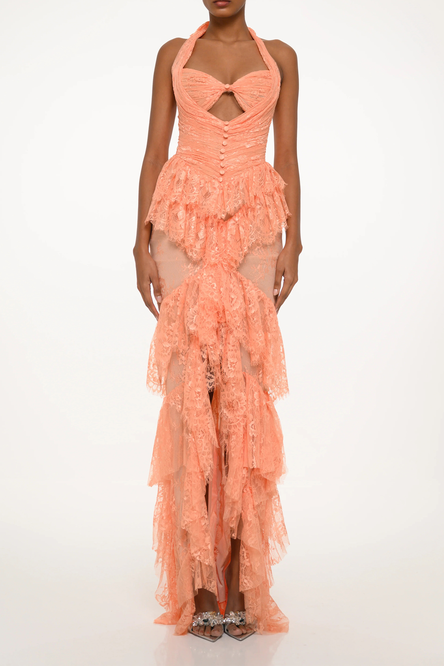 Beautiful Soul Coral Orange Halter Neck Tiered Ruffle Maxi Dress