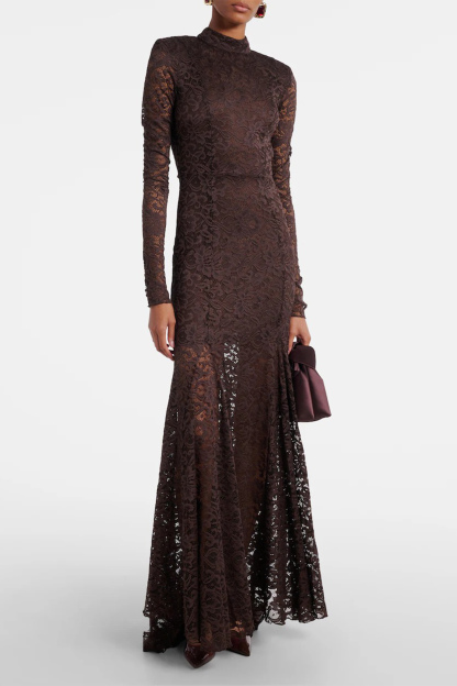 Appetite for Seduction Brown Sheer Lace Open Back Maxi Dress