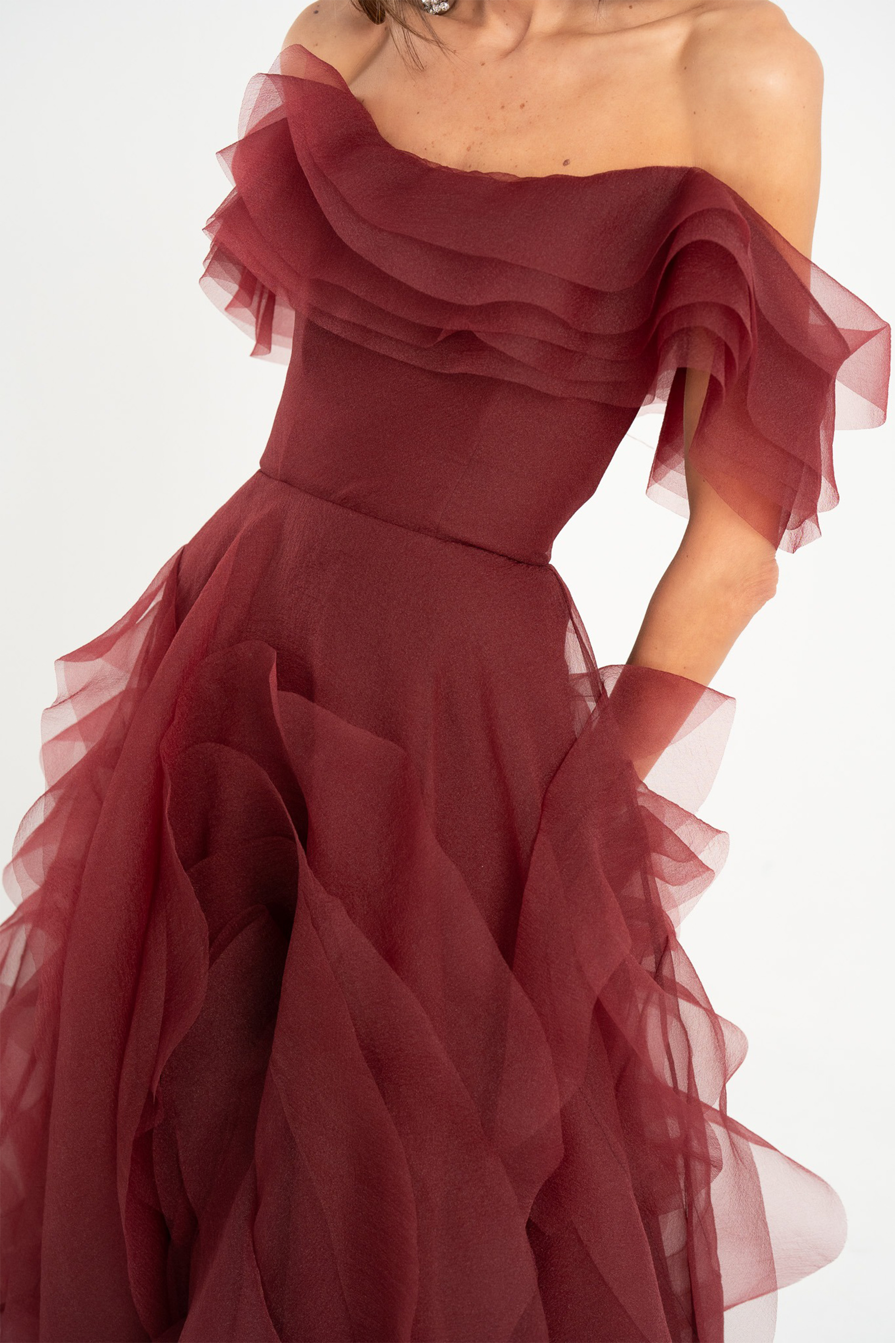 Truly Extraordinary Burgundy Off Shoulder Tiered Ruffle Organza Maxi Dress