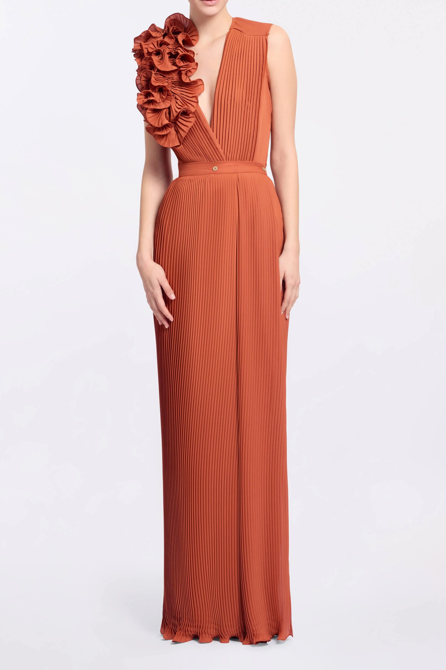 The VIP Vibe Orange V‑Neck Ruffle Top & Pleated Skirt Set