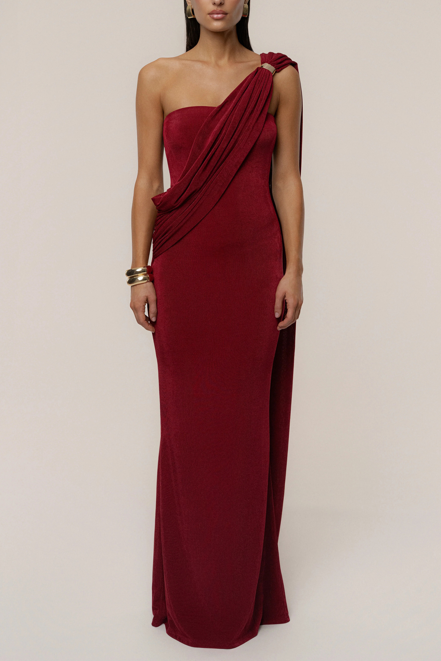 Composed Elegance Burgundy Asymmetric Draped Maxi Dress