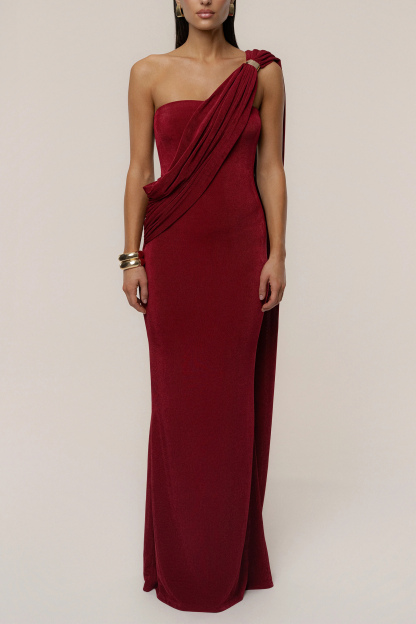 Composed Elegance Burgundy Asymmetric Draped Maxi Dress