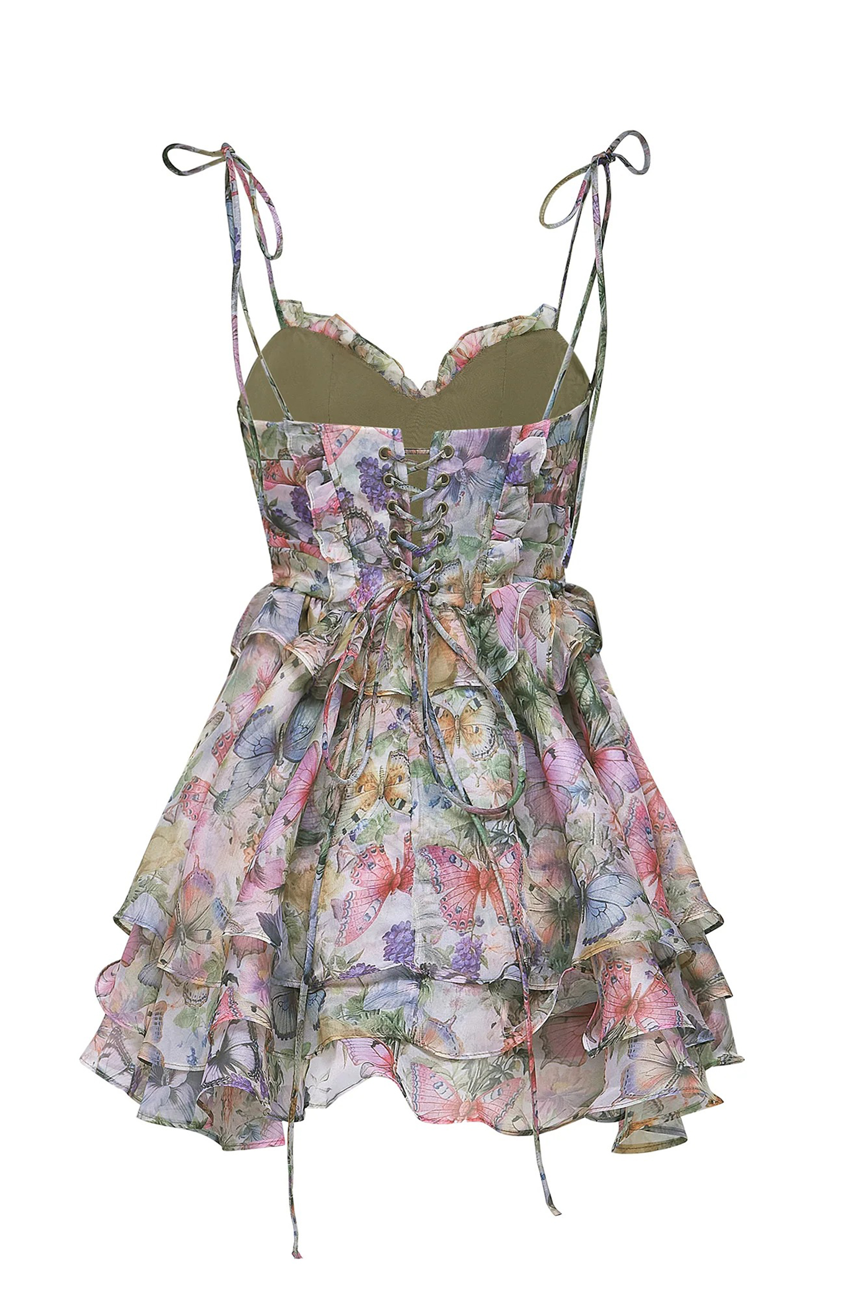 Vita Butterfly Print Ruffle Layered Mini Dress