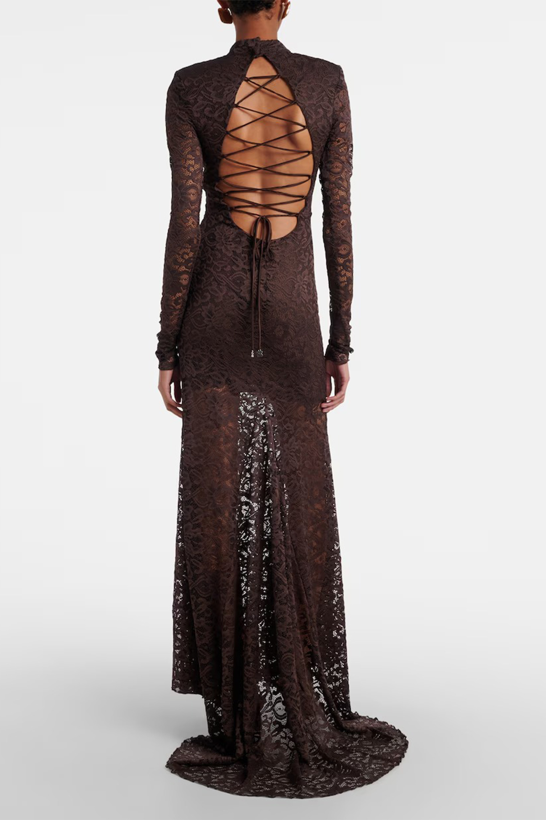 Appetite for Seduction Brown Sheer Lace Open Back Maxi Dress
