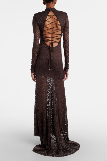 Appetite for Seduction Brown Sheer Lace Open Back Maxi Dress