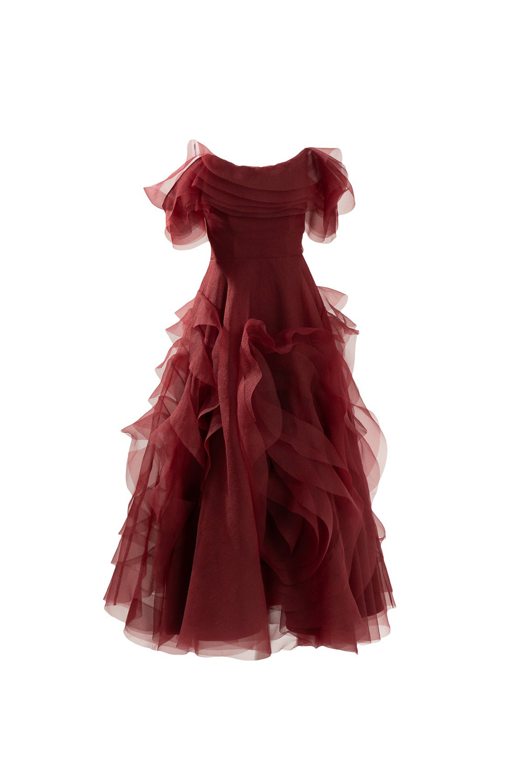 Truly Extraordinary Burgundy Off Shoulder Tiered Ruffle Organza Maxi Dress