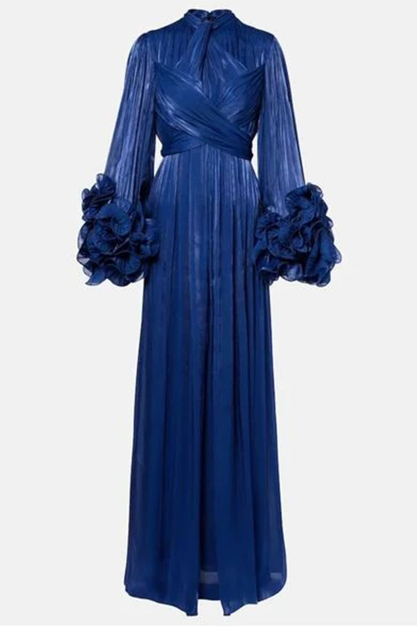 Especially Stunning Dark Blue Floral Cuff Pleated Maxi Dress