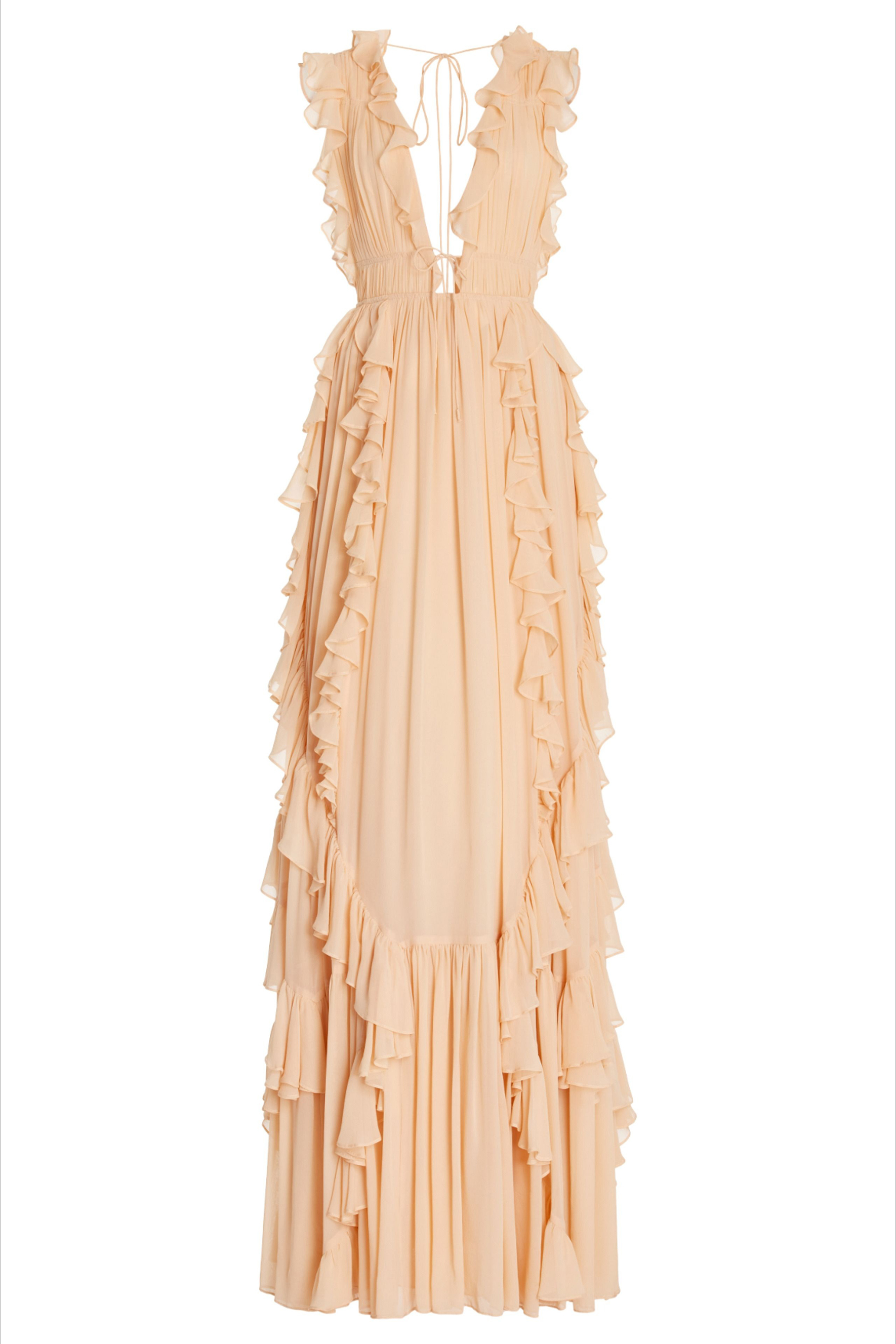 Sweet Attraction Peach Pink Ruffle Deep V Tiered Maxi Dress