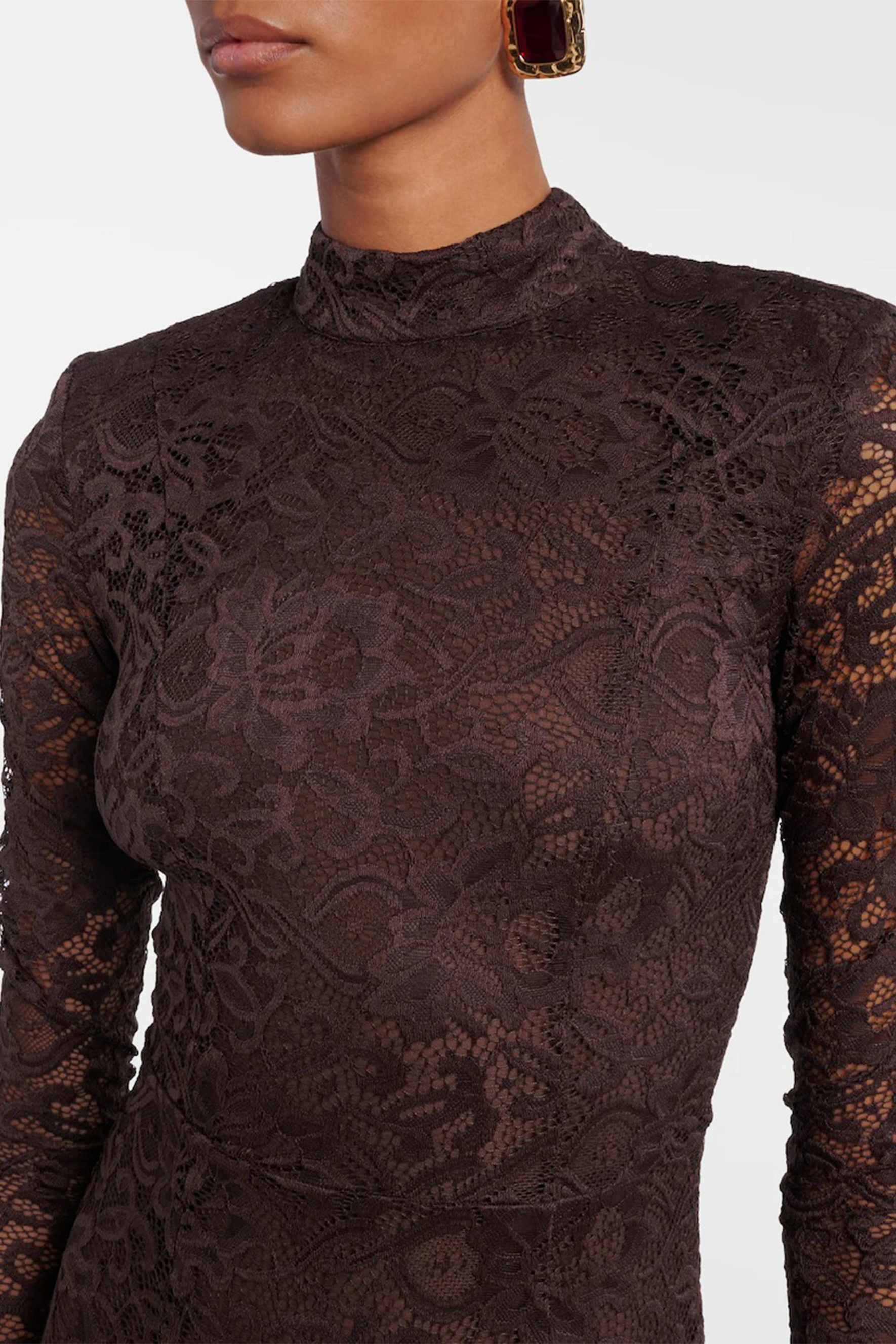Appetite for Seduction Brown Sheer Lace Open Back Maxi Dress