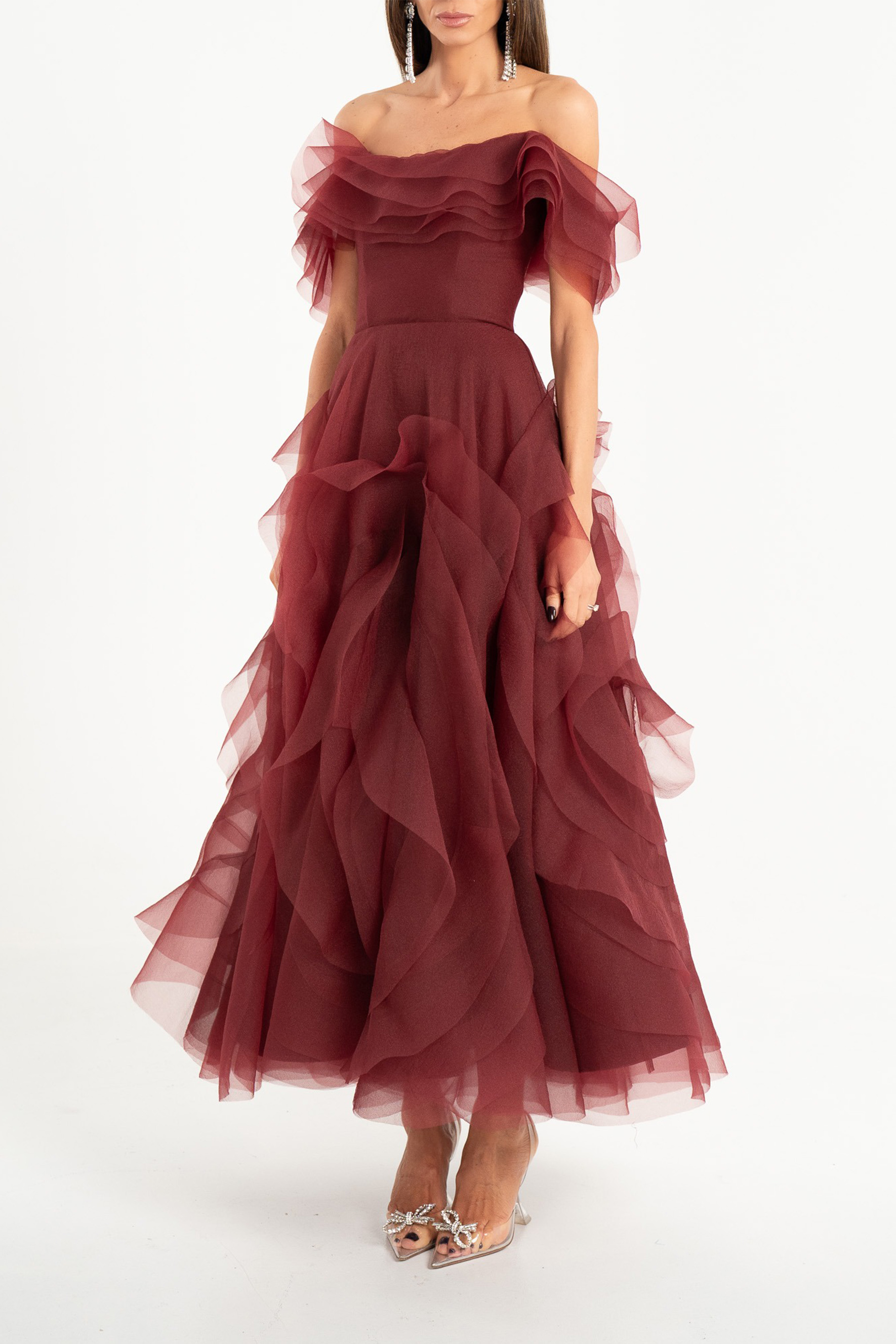 Truly Extraordinary Burgundy Off Shoulder Tiered Ruffle Organza Maxi Dress