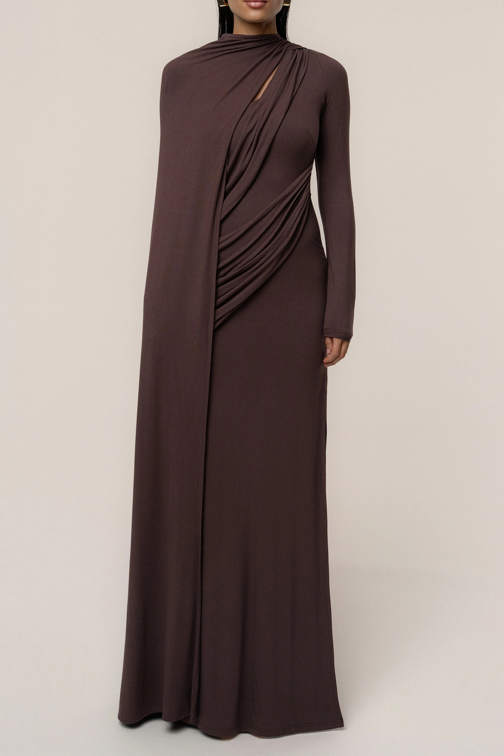 Coveted Confidence Brown Asymmetric Draped Cape Maxi Dress