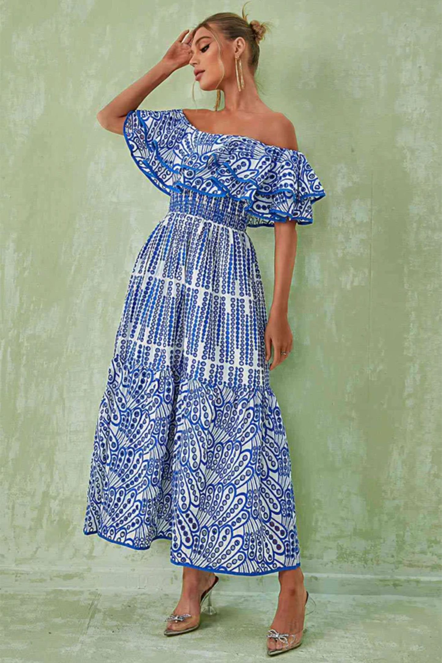 Dolly Embroidered Lace Off-shoulder A-line Flare Midi Dress