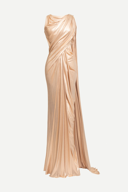 Beautiful Evenings Gold Asymmetric Draped Cape Maxi Dress