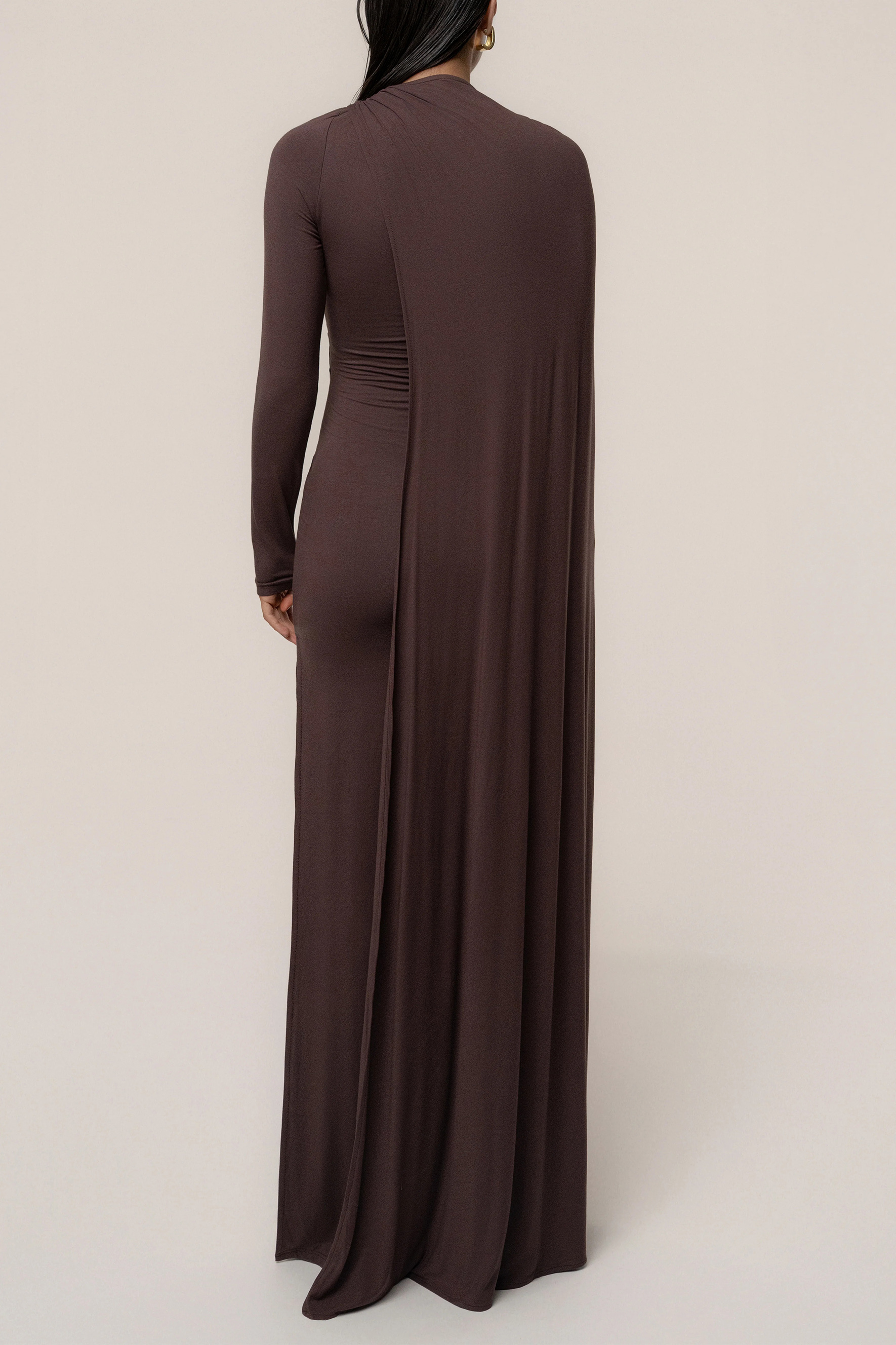 Coveted Confidence Brown Asymmetric Draped Cape Maxi Dress